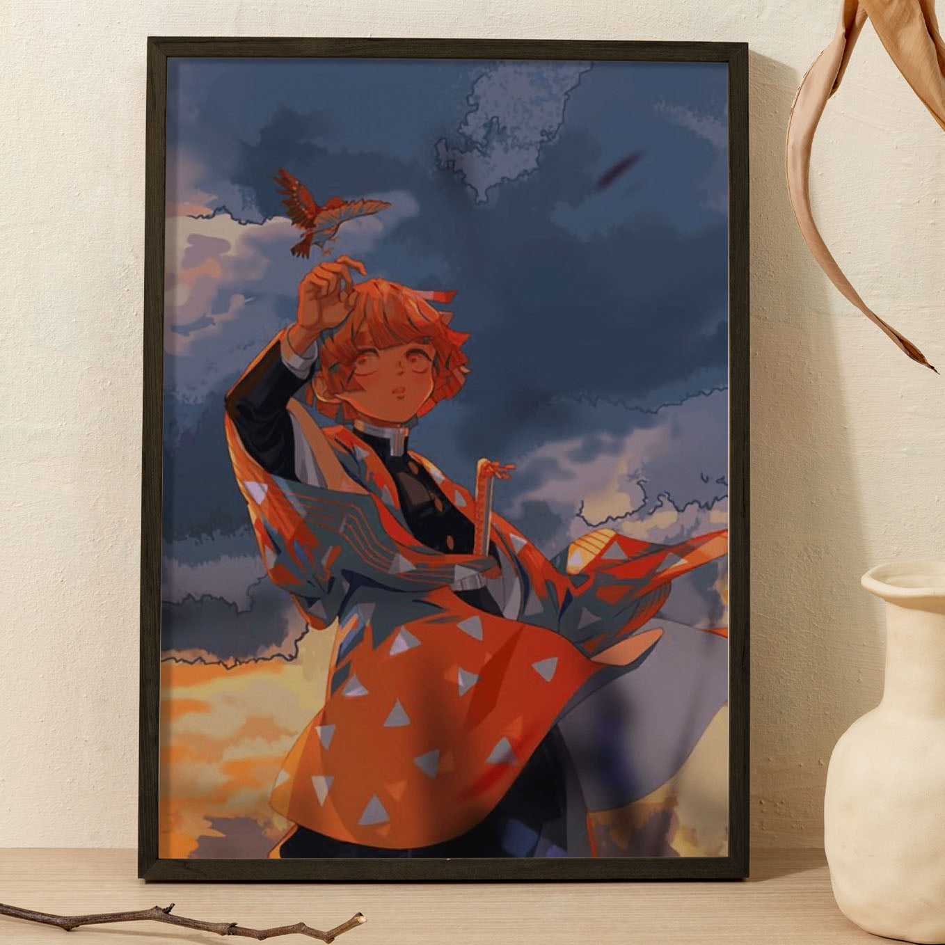Demon Slayer Zenitsu painted Poster art framed 13x19-Inch - SoulAbiti