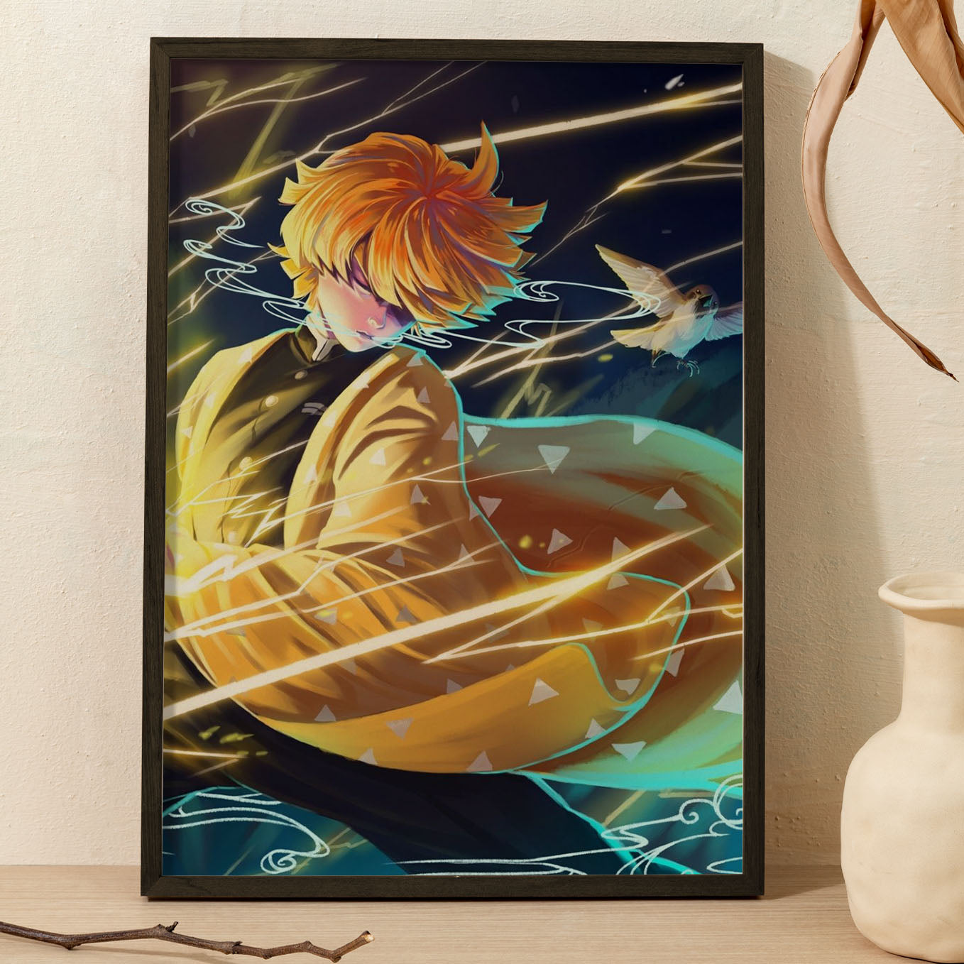 Demon Slayer Zenitsu Poster art framed 13x19-Inch - SoulAbiti