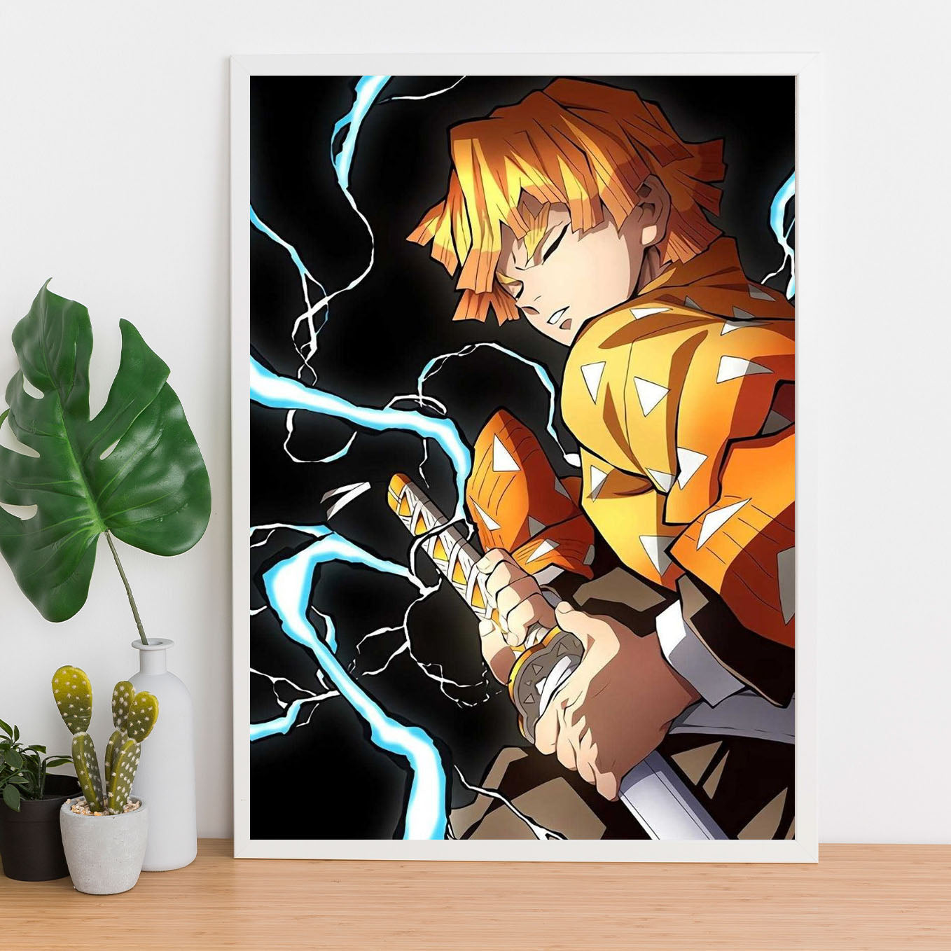 Demon Slayer Zenitsu Pulling Out His Sword Poster art framed 13x19-Inch - SoulAbiti