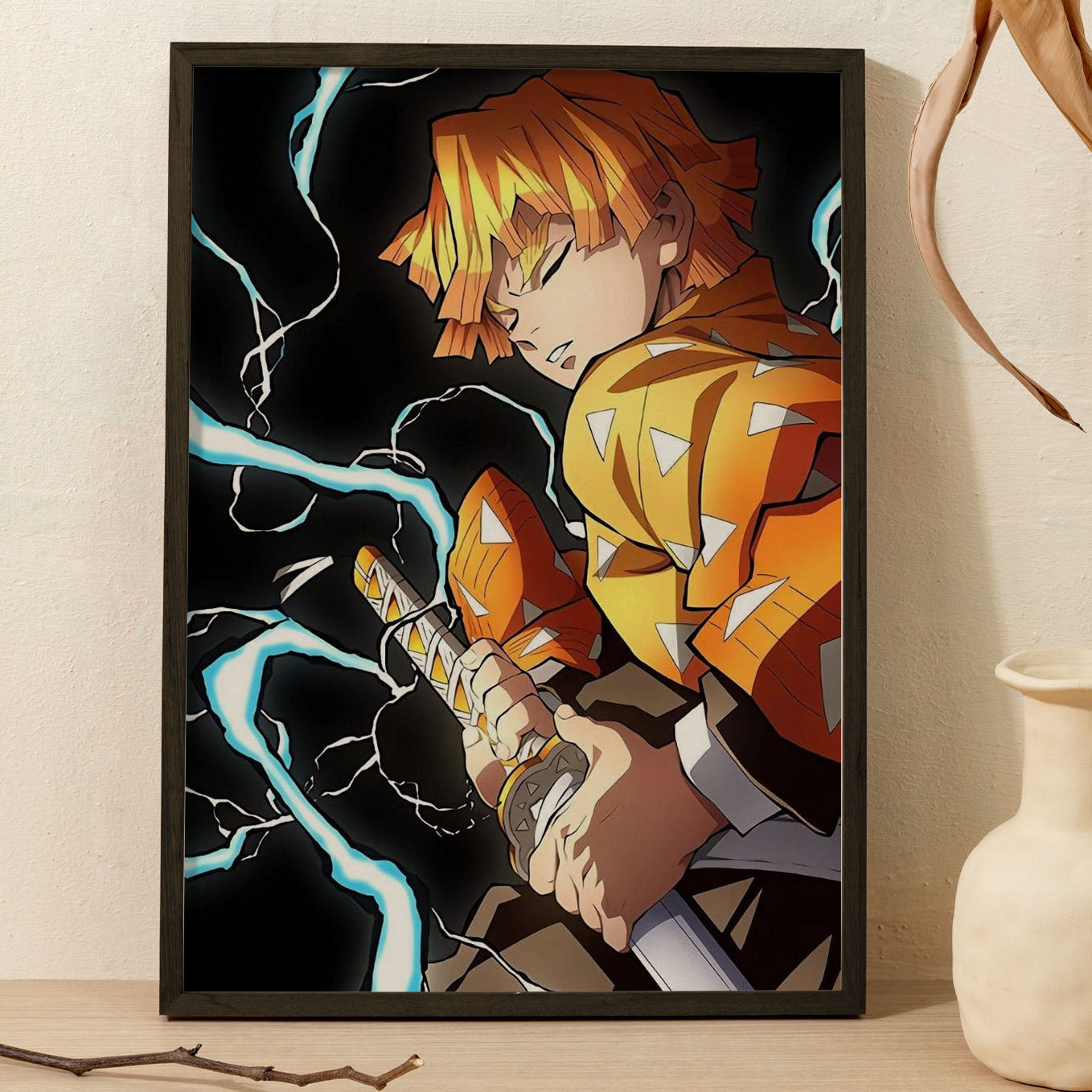 Demon Slayer Zenitsu Pulling Out His Sword Poster art framed 13x19-Inch - SoulAbiti