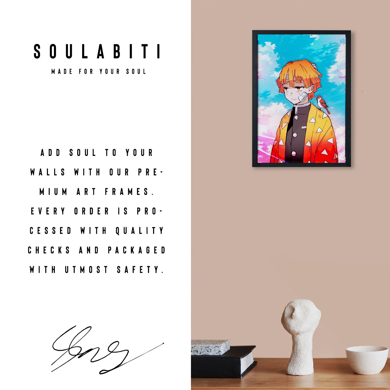Demon Slayer Zenitsu With Chuntaro Poster art framed 13x19-Inch - SoulAbiti