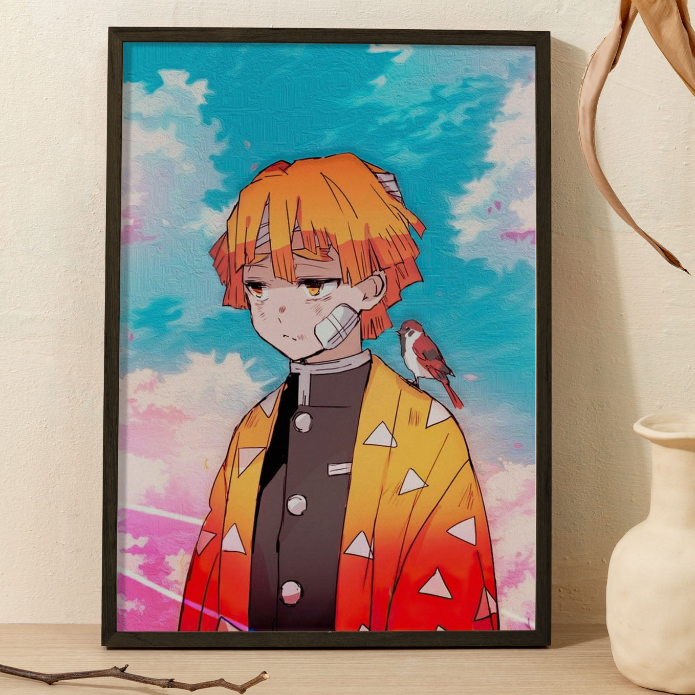 Demon Slayer Zenitsu With Chuntaro Poster art framed 13x19-Inch - SoulAbiti