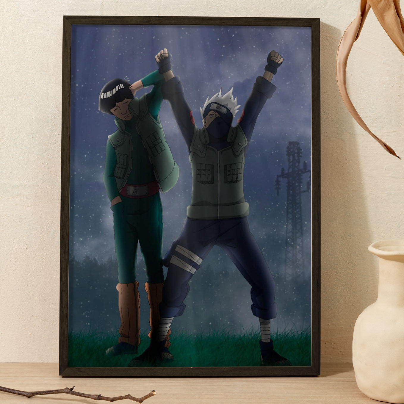 Naruto Kakashi and Might Guy Poster art framed 13x19-Inch - SoulAbiti