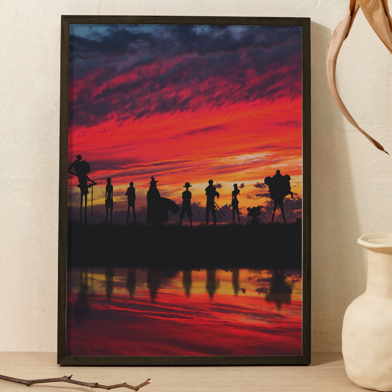 One Piece All straw hat team in the sunset Poster Art Framed 13x19-Inch - SoulAbiti