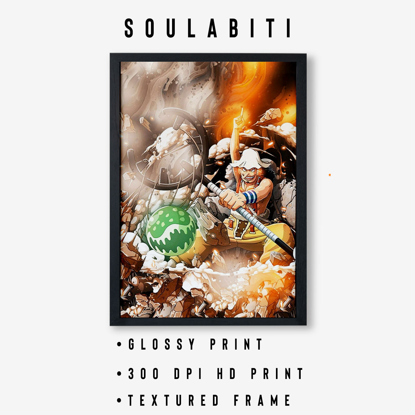One Piece God Usopp Kabuto Poster Art Framed 13x19-Inch, Plexi-Glass, Textured Frame - SoulAbiti