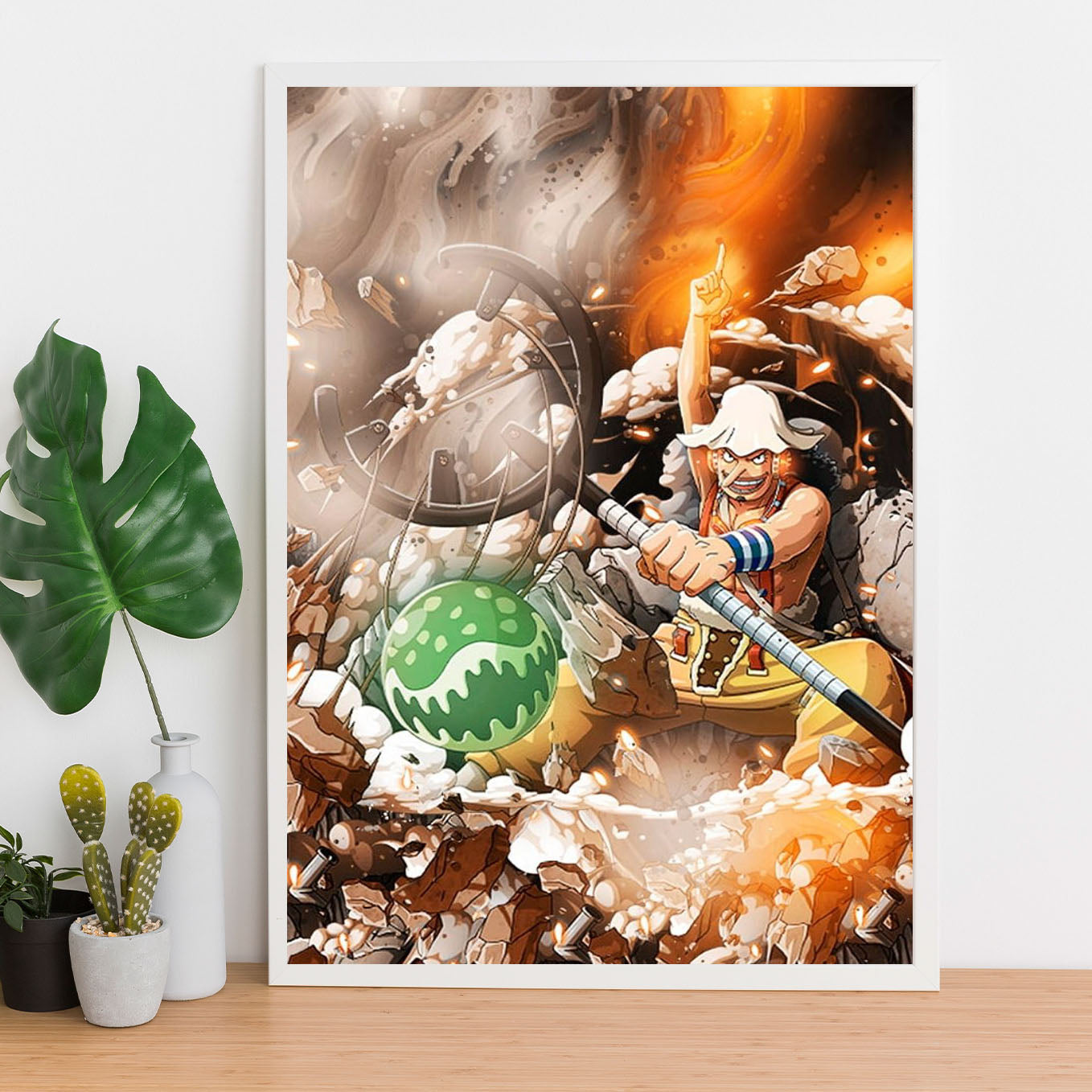 One Piece God Usopp Kabuto Poster Art Framed 13x19-Inch, Plexi-Glass, Textured Frame - SoulAbiti