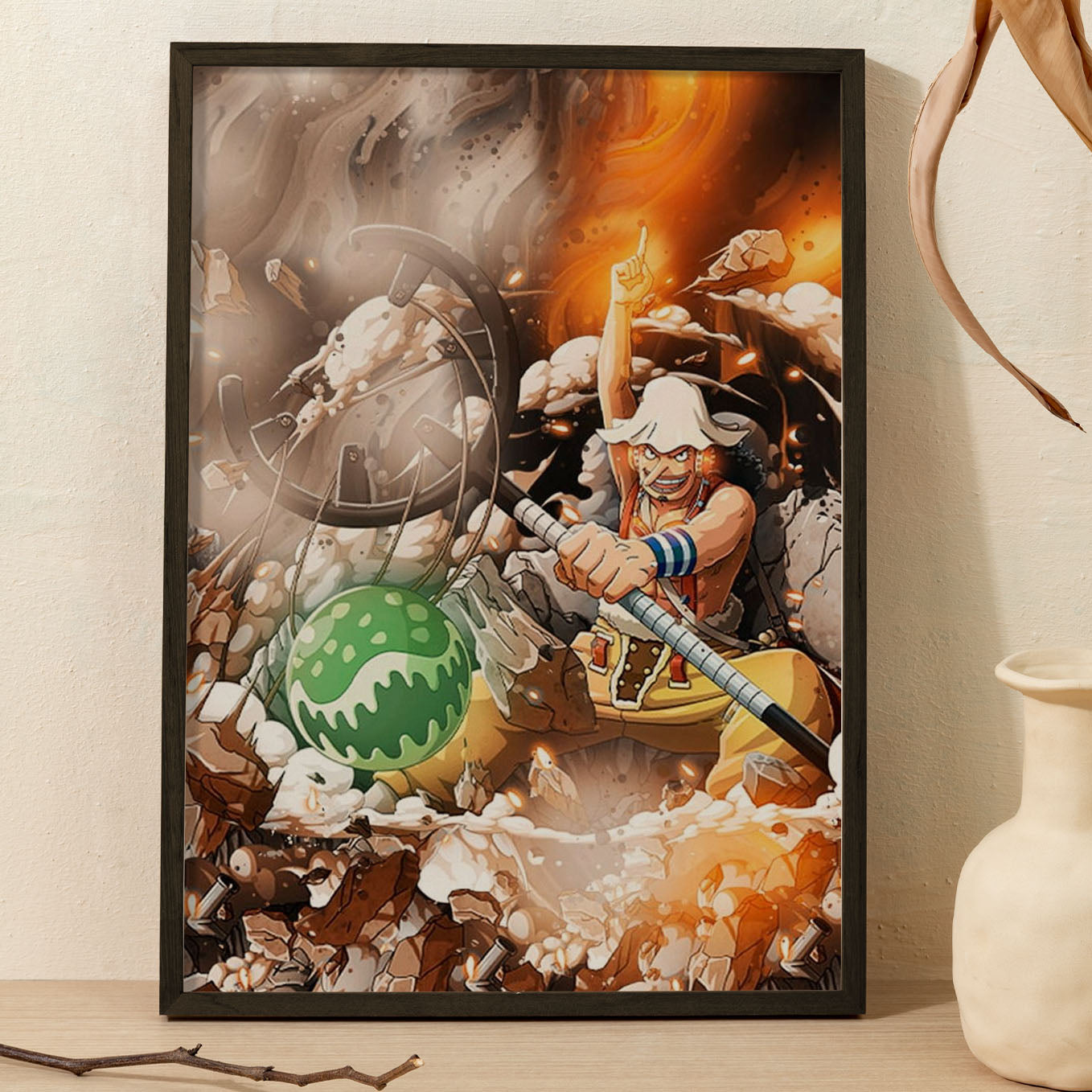 One Piece God Usopp Kabuto Poster Art Framed 13x19-Inch, Plexi-Glass, Textured Frame - SoulAbiti