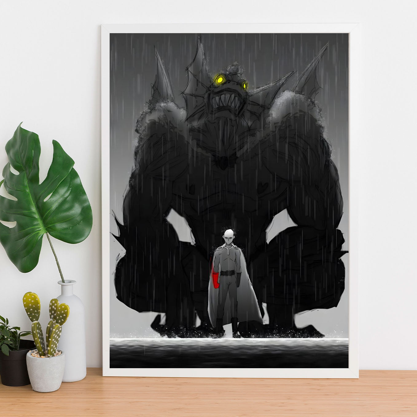 SoulAbiti One Punch Man Deep Sea King vs Saitama Poster Art Framed (12x18-Inch, Plexi-Glass, Textured Frame) Framed Wall Décor, Ideal gift for anime fans - SoulAbiti