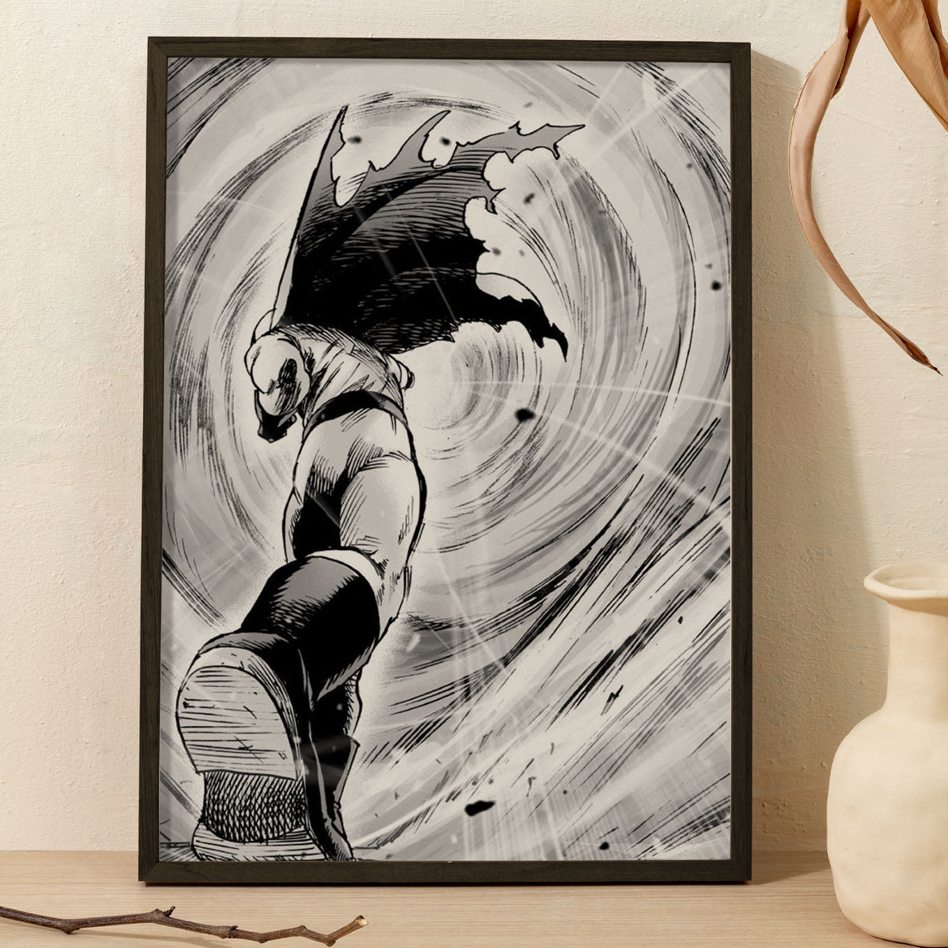 SoulAbiti One Punch Man Saitama serious punch to boros Poster Art Framed (12x18-Inch, Plexi-Glass, Textured Frame) Framed Wall Décor, Ideal gift for anime fans - SoulAbiti