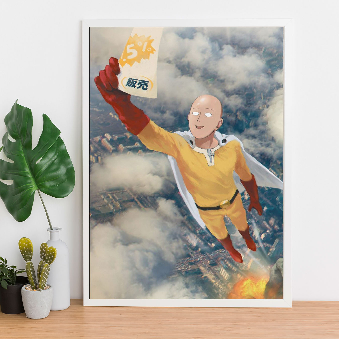SoulAbiti One Punch Man Saitama holding supermarket sale flyer Poster Art Framed (12x18-Inch, Plexi-Glass, Textured Frame) Framed Wall Décor, Ideal gift for anime fans - SoulAbiti