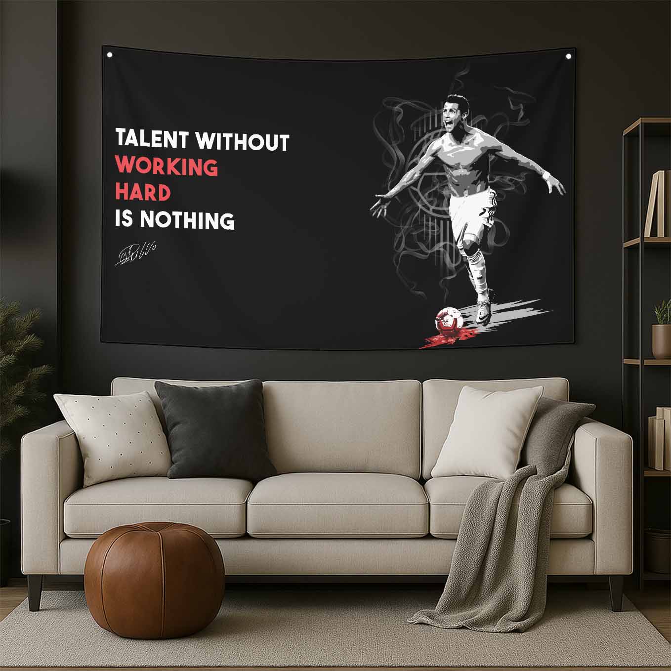 Motivational Cristiano Ronaldo CR7 Soccer Tapestry - 73x43 Inches Inspirational Wall Hanging, Premium Polyester Fabric, Vivid Print, Machine Washable, Durable and Lightweight for Gym, Office, or Home Décor