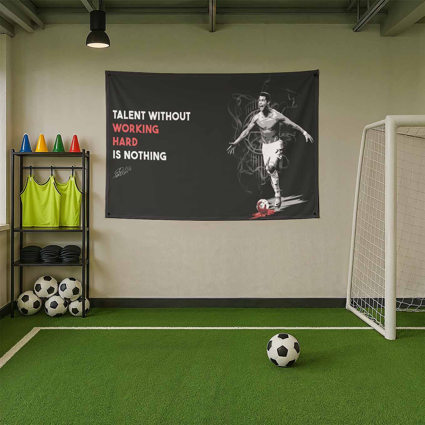 Motivational Cristiano Ronaldo CR7 Soccer Tapestry - 73x43 Inches Inspirational Wall Hanging, Premium Polyester Fabric, Vivid Print, Machine Washable, Durable and Lightweight for Gym, Office, or Home Décor