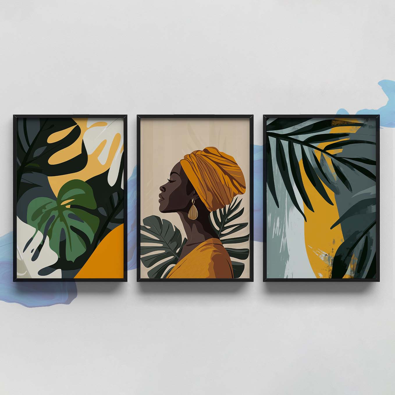 Golden Tropical Goddess Wall Art - Set of 3 Framed Prints | Elegant Afrocentric Woman & Botanical Leaves Illustration for Home Decor