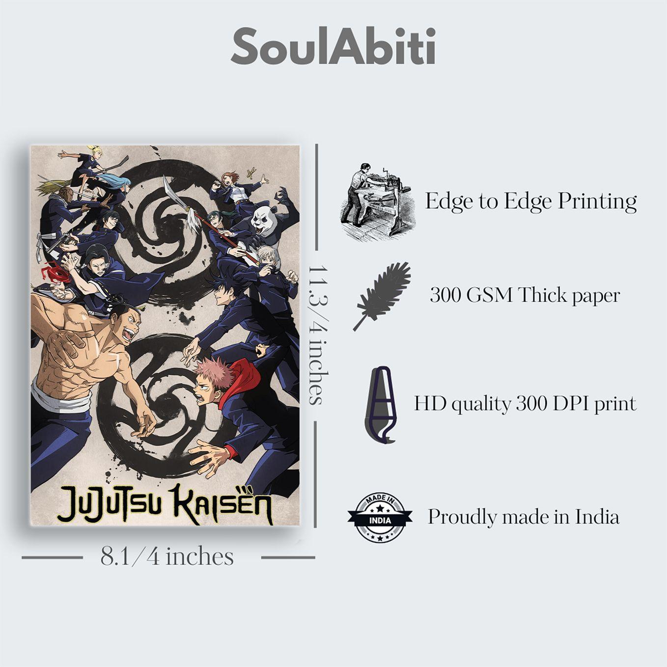 SoulAbiti Jujutsu Kaisen set of 20 anime posters Landscape Designs (Gojo Satoru, Itadori Yuji, Megumi, Nobara, Maki, Panda, Inumaki, Todou and more A4 size, 350 GSM) comes with double-sided tape - SoulAbiti