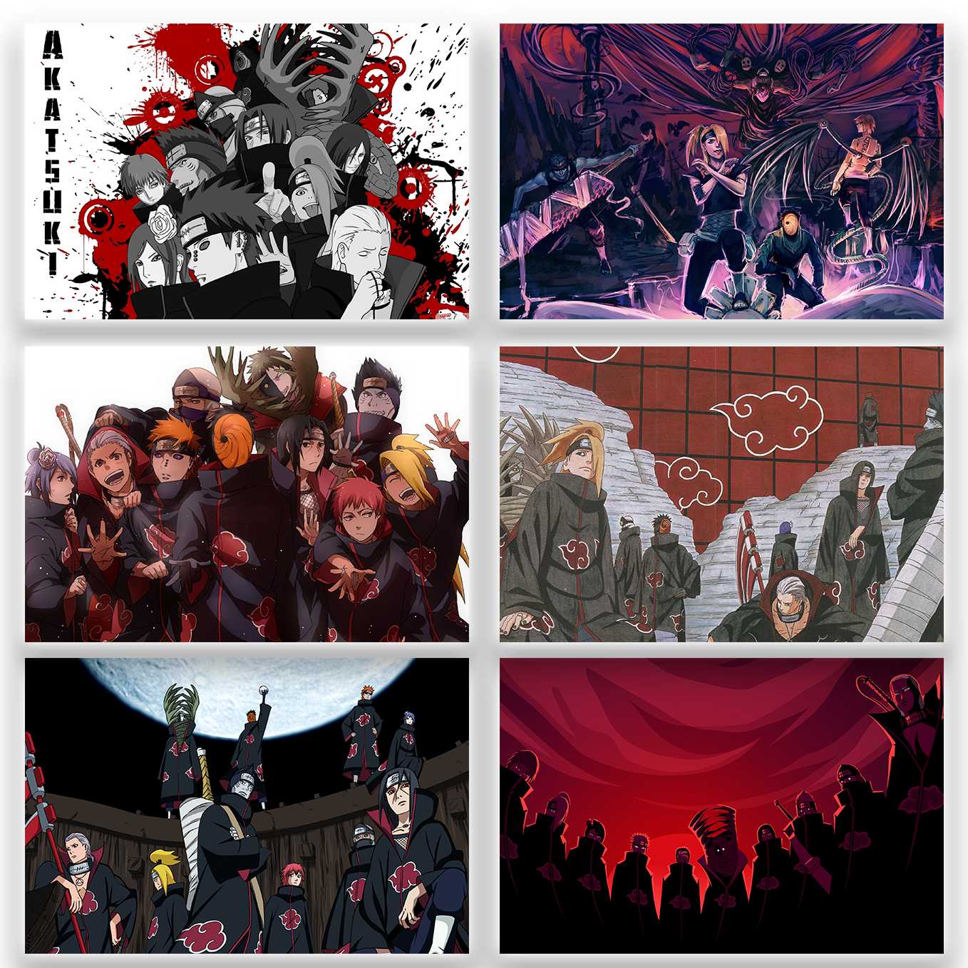 SoulAbiti Naruto Shippuden Akatsuki Set of 6 posters landscape (Pain, Sasori, Hidan, Itachi, Tobi and more 12x18 inches) with double-sided tape Large Size Anime posters for wall Multicolor - SoulAbiti