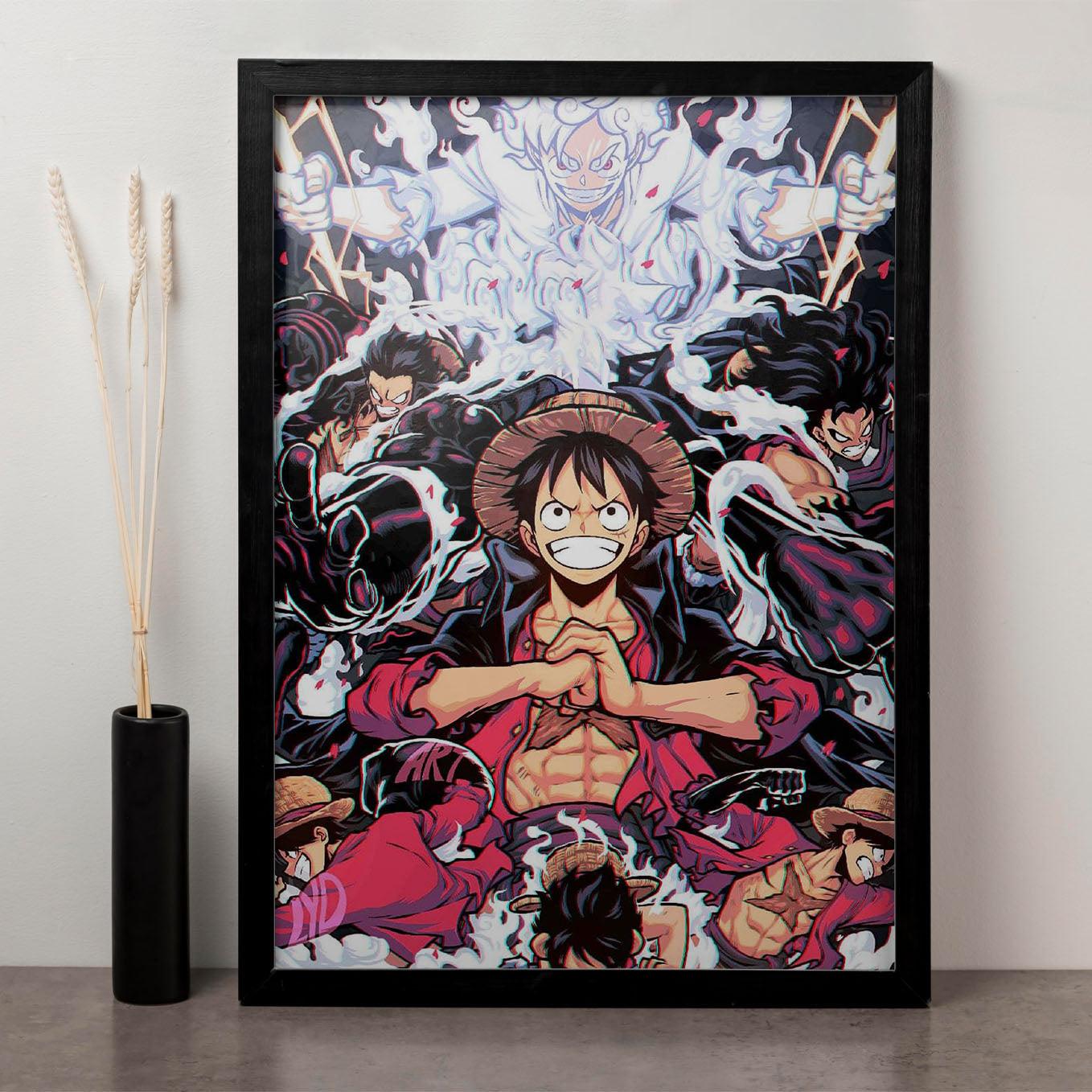 SoulAbiti One piece Monkey D Luffy All gears art frame with glass One piece wall art, Luffy gear 5 - SoulAbiti