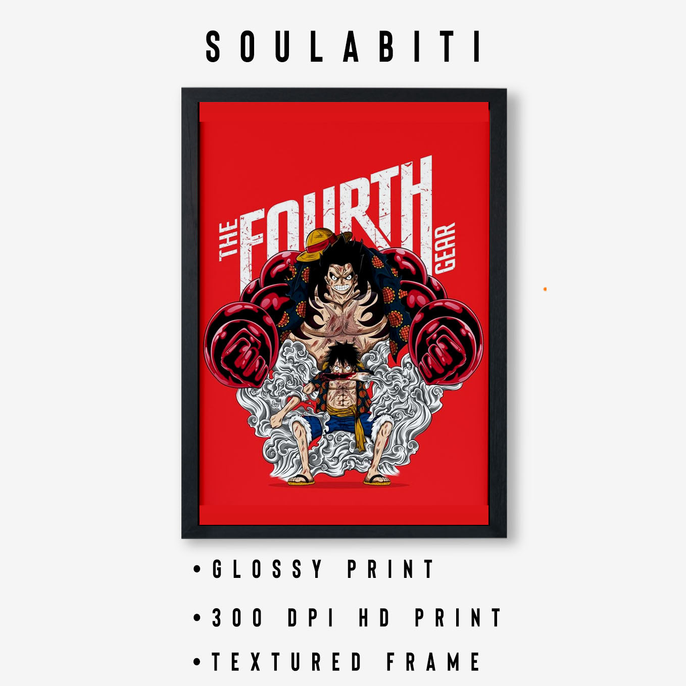 SoulAbiti One Piece Monkey D. Luffy Gear 4th Poster Art Framed (12x18-Inch, Plexi-Glass, Textured Frame) Framed Wall Décor, Ideal gift for Straw hat pirate fans - SoulAbiti
