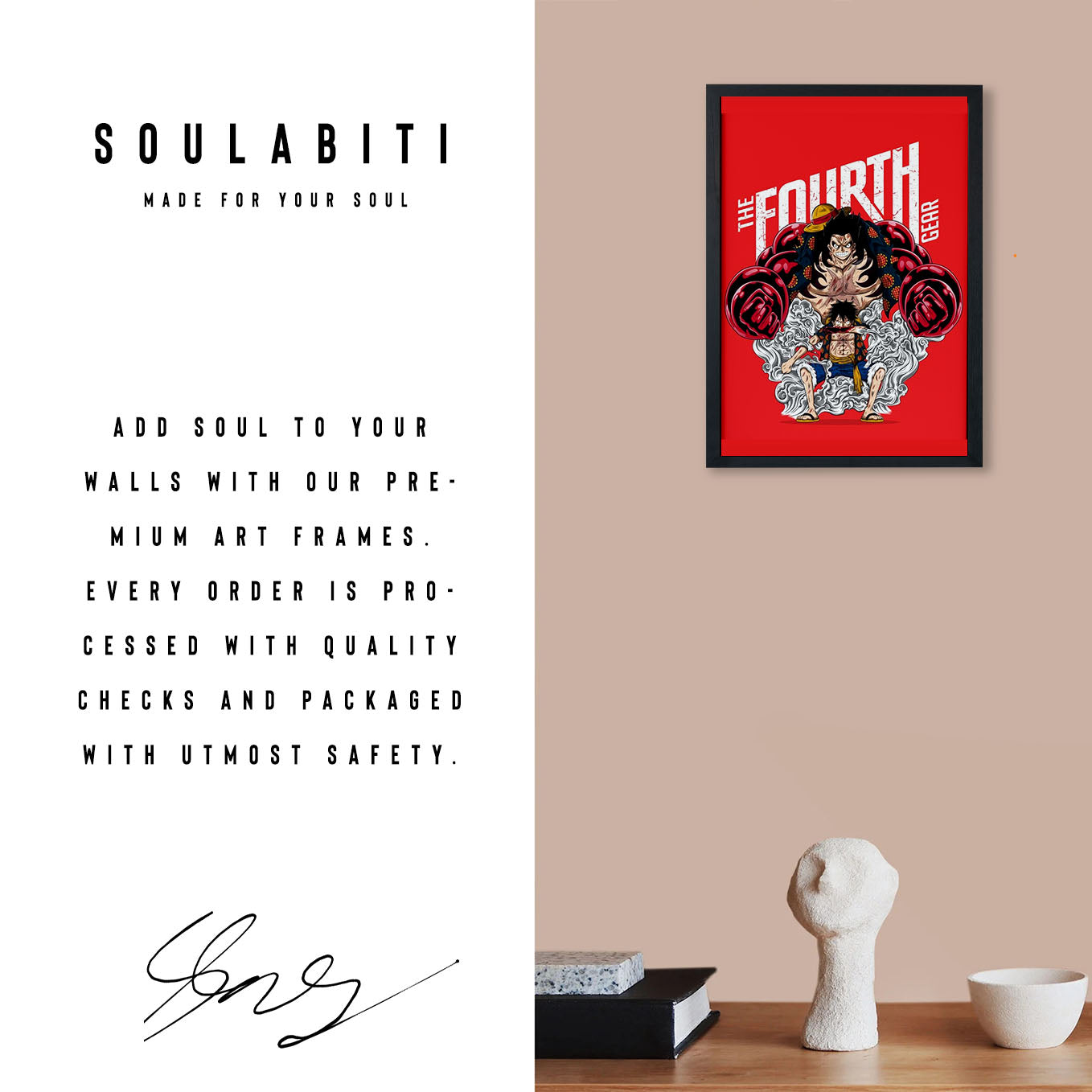 SoulAbiti One Piece Monkey D. Luffy Gear 4th Poster Art Framed (12x18-Inch, Plexi-Glass, Textured Frame) Framed Wall Décor, Ideal gift for Straw hat pirate fans - SoulAbiti