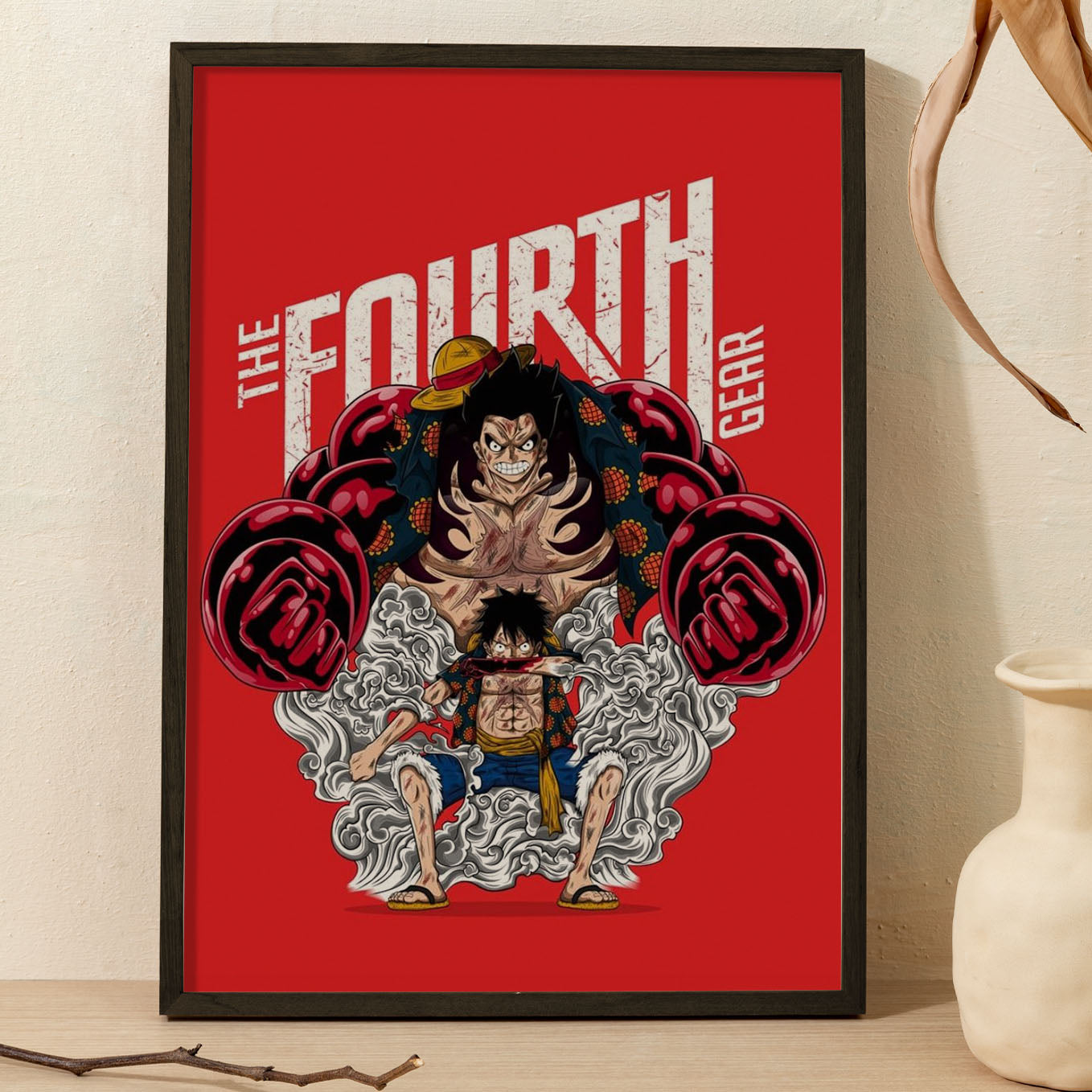 SoulAbiti One Piece Monkey D. Luffy Gear 4th Poster Art Framed (12x18-Inch, Plexi-Glass, Textured Frame) Framed Wall Décor, Ideal gift for Straw hat pirate fans - SoulAbiti