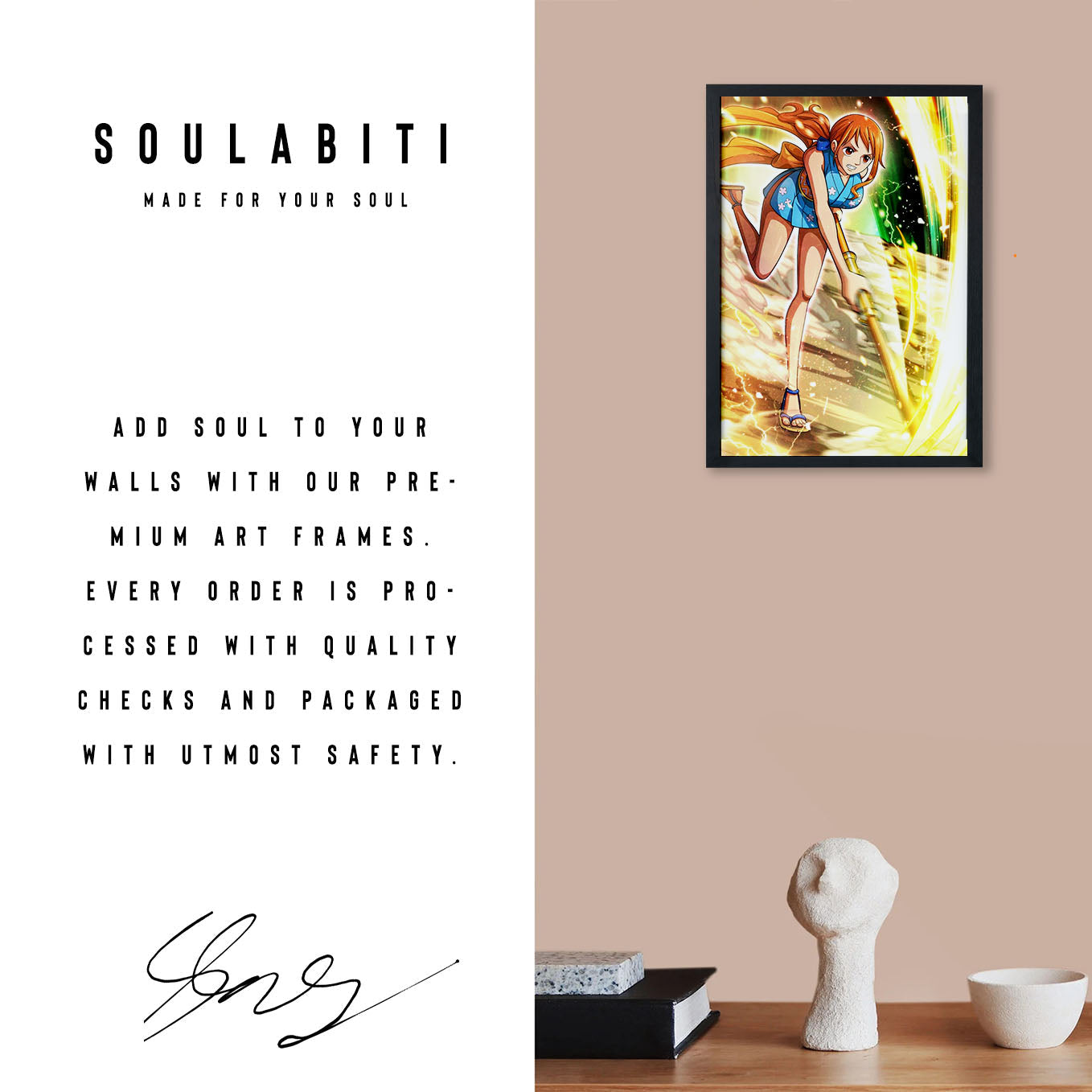 SoulAbiti One Piece Nami Clima-Tact Poster Art Framed (12x18-Inch, Plexi-Glass, Textured Frame) Framed Wall Décor, Ideal gift for Straw hat pirate fans - SoulAbiti