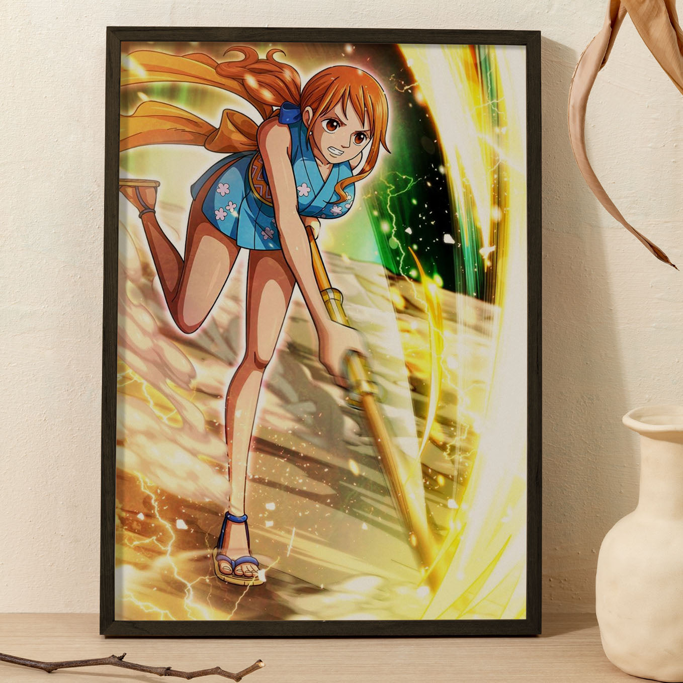 SoulAbiti One Piece Nami Clima-Tact Poster Art Framed (12x18-Inch, Plexi-Glass, Textured Frame) Framed Wall Décor, Ideal gift for Straw hat pirate fans - SoulAbiti