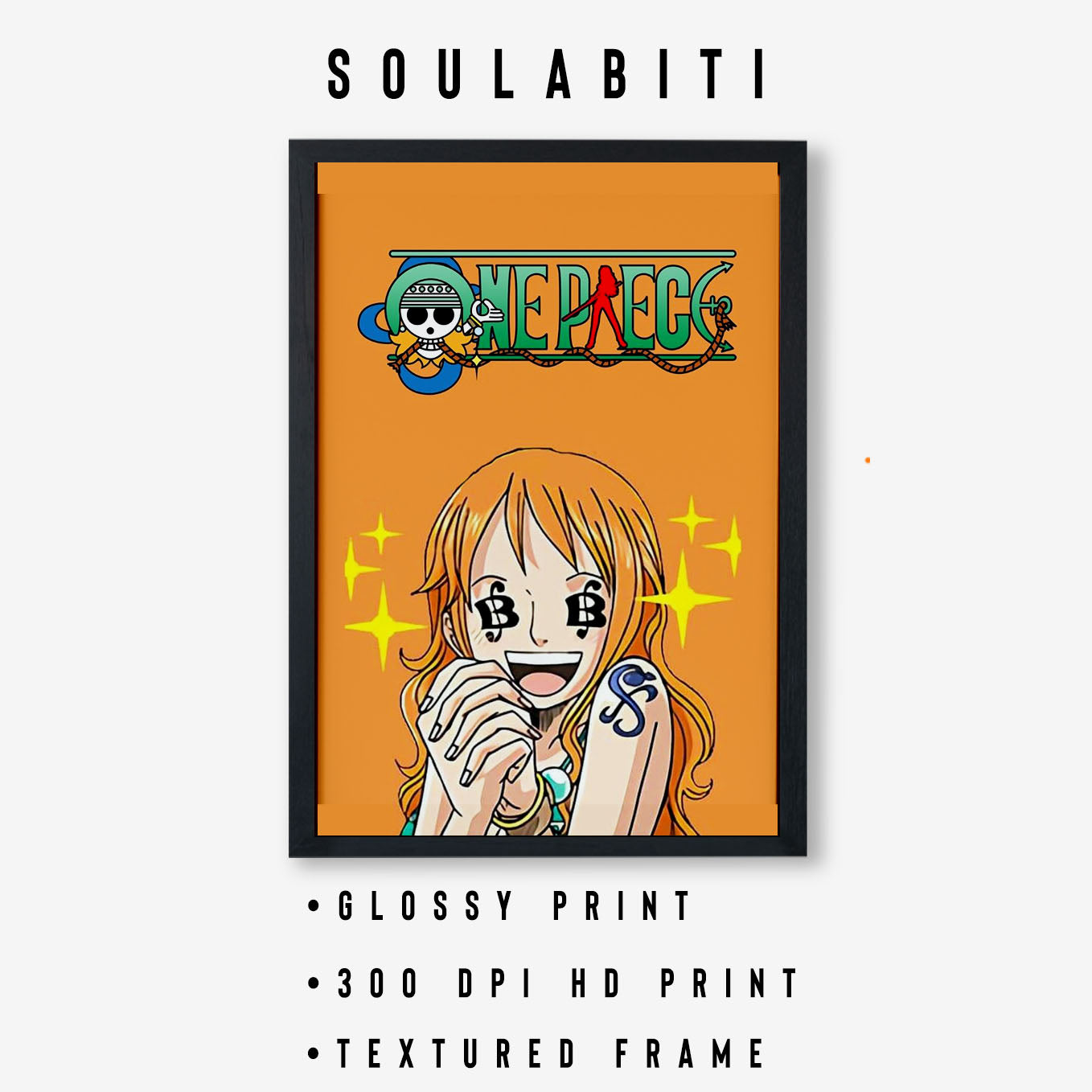 SoulAbiti One Piece Nami Poster Art Framed (12x18-Inch, Plexi-Glass, Textured Frame) Framed Wall Décor, Ideal gift for Straw hat pirate fans - SoulAbiti