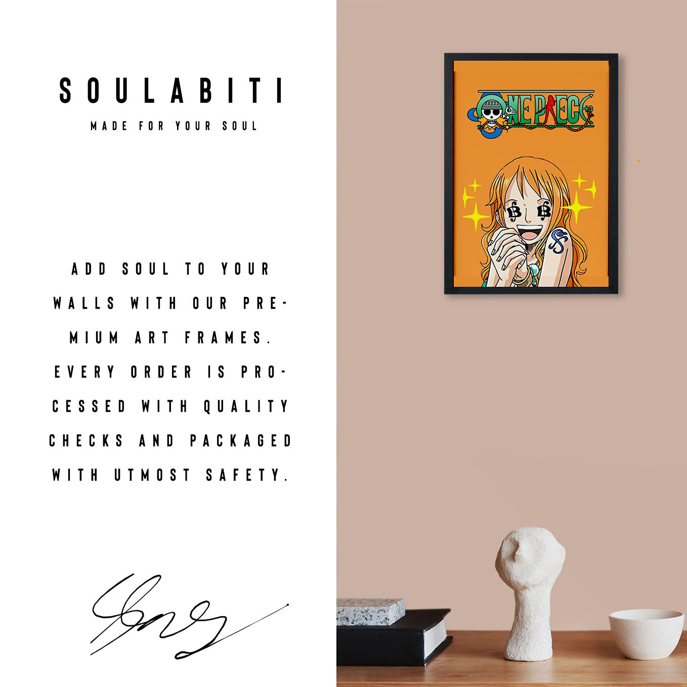 SoulAbiti One Piece Nami Poster Art Framed (12x18-Inch, Plexi-Glass, Textured Frame) Framed Wall Décor, Ideal gift for Straw hat pirate fans - SoulAbiti