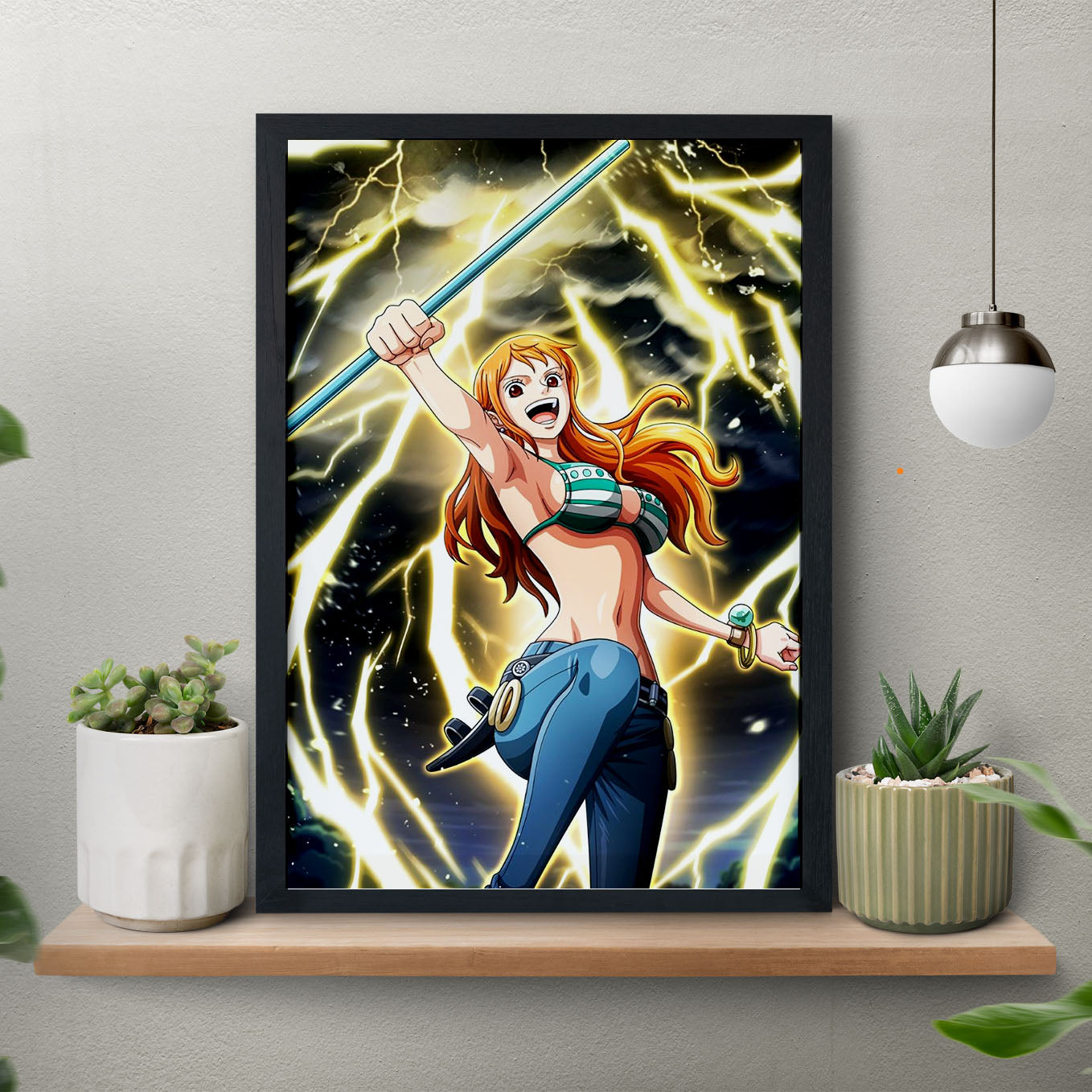 SoulAbiti One Piece Nami Thunderbolt tempo Poster Art Framed (12x18-Inch, Plexi-Glass, Textured Frame) Framed Wall Décor, Ideal gift for Straw hat pirate fans - SoulAbiti
