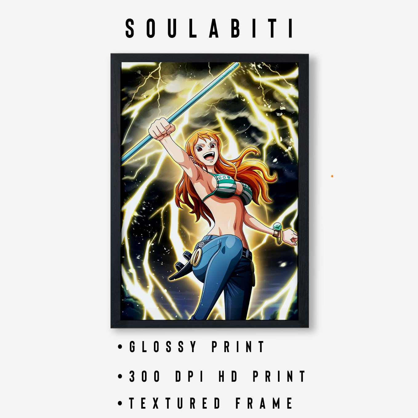 SoulAbiti One Piece Nami Thunderbolt tempo Poster Art Framed (12x18-Inch, Plexi-Glass, Textured Frame) Framed Wall Décor, Ideal gift for Straw hat pirate fans - SoulAbiti