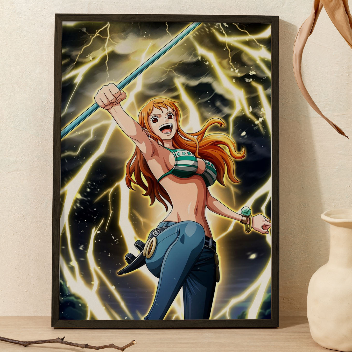 SoulAbiti One Piece Nami Thunderbolt tempo Poster Art Framed (12x18-Inch, Plexi-Glass, Textured Frame) Framed Wall Décor, Ideal gift for Straw hat pirate fans - SoulAbiti
