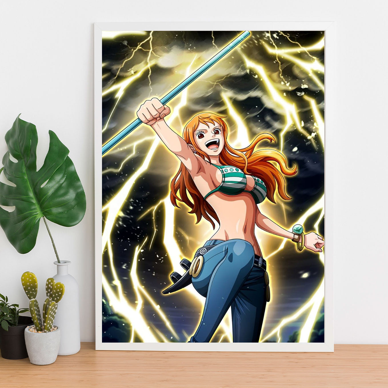 SoulAbiti One Piece Nami Thunderbolt tempo Poster Art Framed (12x18-Inch, Plexi-Glass, Textured Frame) Framed Wall Décor, Ideal gift for Straw hat pirate fans - SoulAbiti