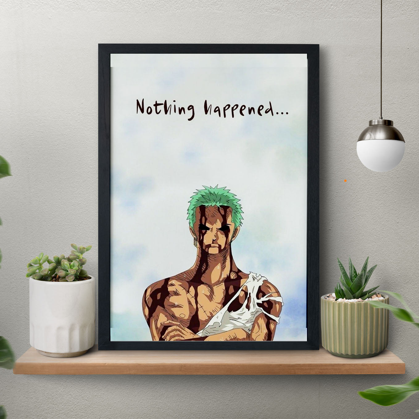 SoulAbiti One Piece Nothing Happened Zoro Poster Art Framed (12x18-Inch, Plexi-Glass, Textured Frame) Framed Wall Décor, Ideal gift for Straw hat pirate fans - SoulAbiti