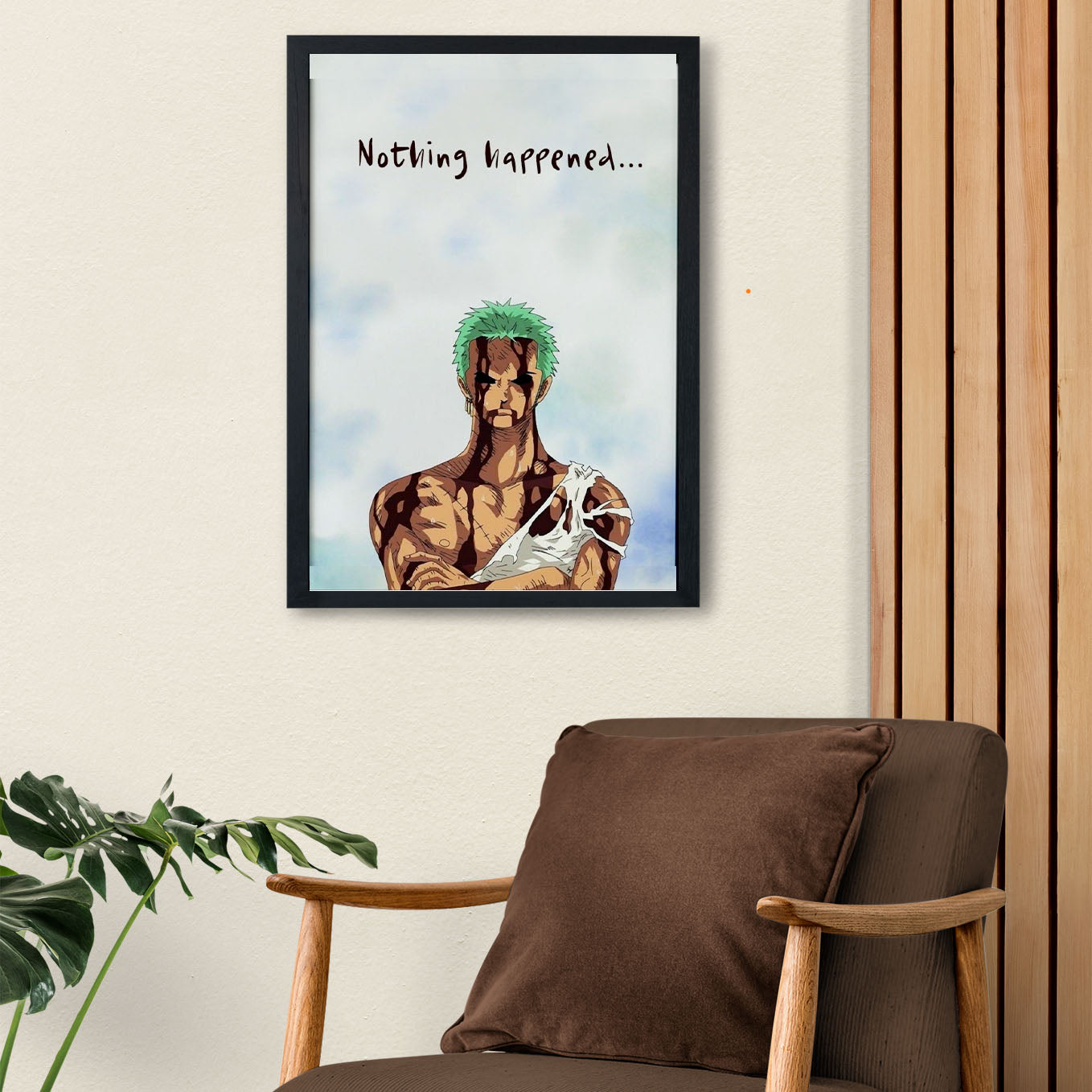 SoulAbiti One Piece Nothing Happened Zoro Poster Art Framed (12x18-Inch, Plexi-Glass, Textured Frame) Framed Wall Décor, Ideal gift for Straw hat pirate fans - SoulAbiti