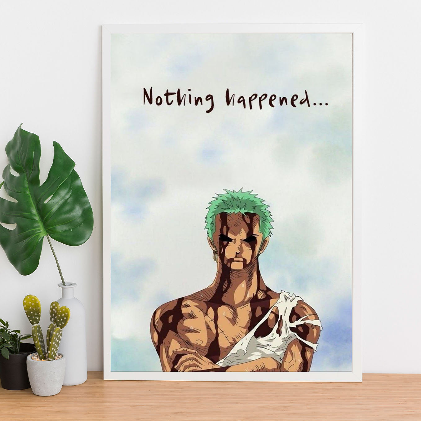 SoulAbiti One Piece Nothing Happened Zoro Poster Art Framed (12x18-Inch, Plexi-Glass, Textured Frame) Framed Wall Décor, Ideal gift for Straw hat pirate fans - SoulAbiti