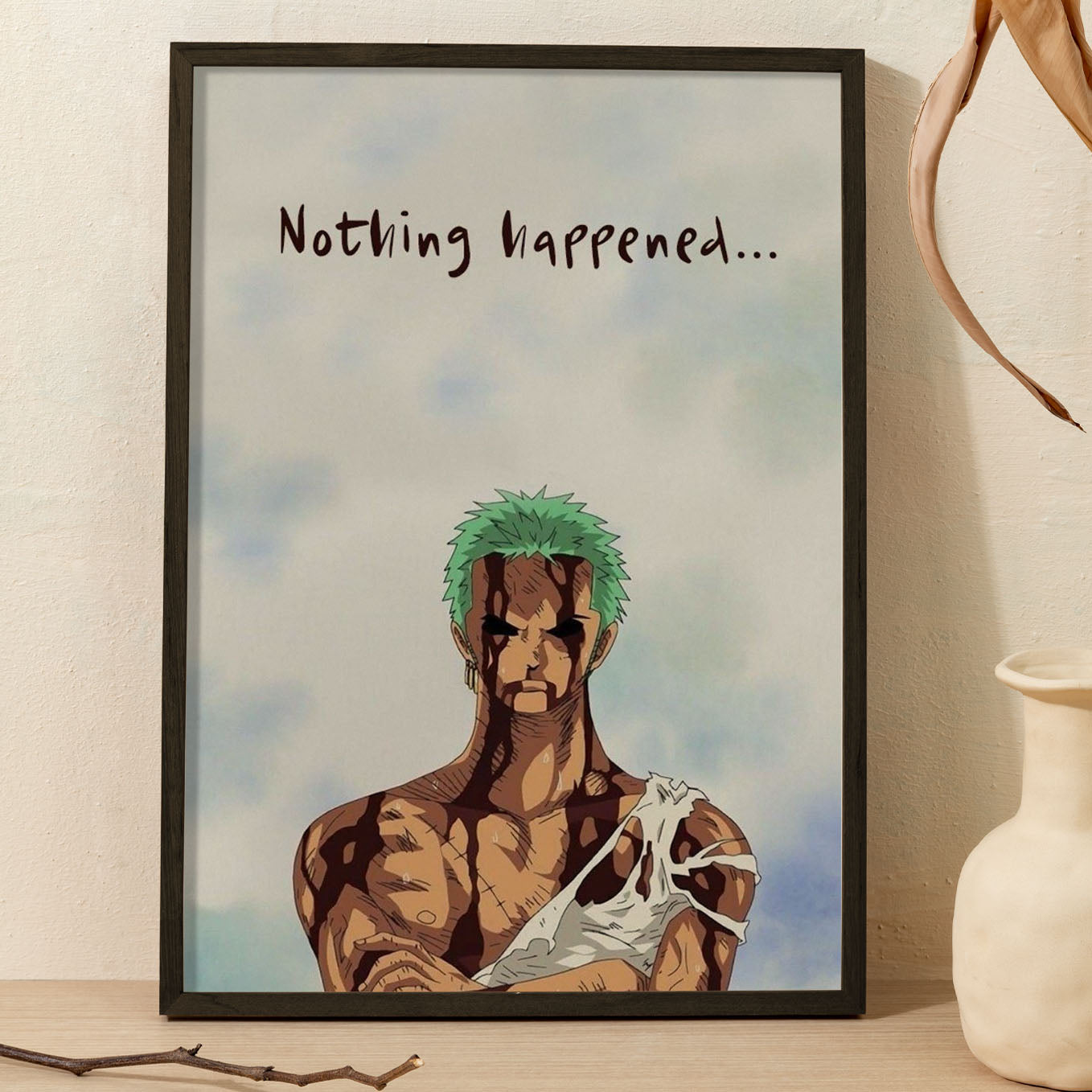 SoulAbiti One Piece Nothing Happened Zoro Poster Art Framed (12x18-Inch, Plexi-Glass, Textured Frame) Framed Wall Décor, Ideal gift for Straw hat pirate fans - SoulAbiti