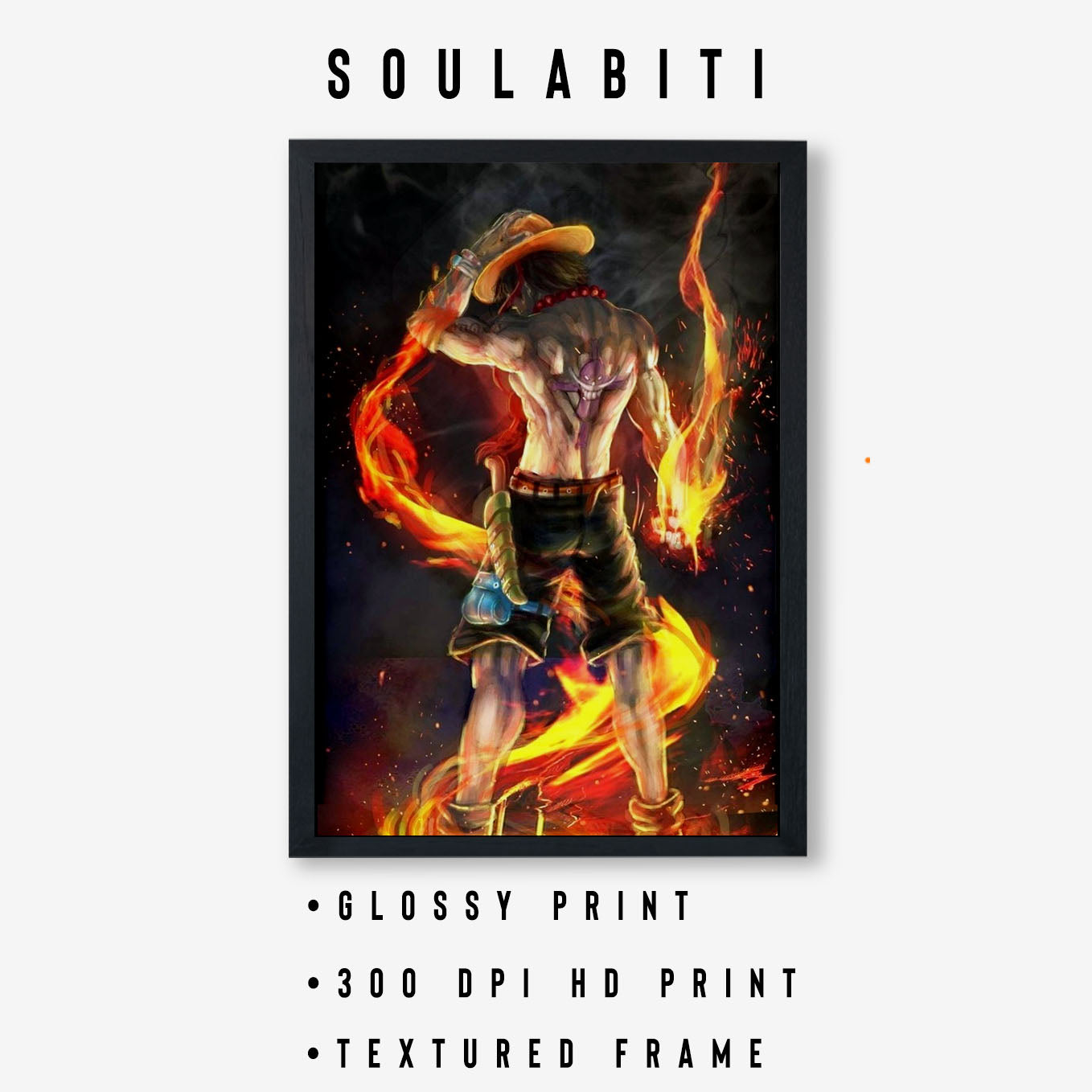 SoulAbiti One Piece Portgas D. Ace fire Poster Art Framed (12x18-Inch, Plexi-Glass, Textured Frame) Framed Wall Décor, Ideal gift for Straw hat pirate fans - SoulAbiti