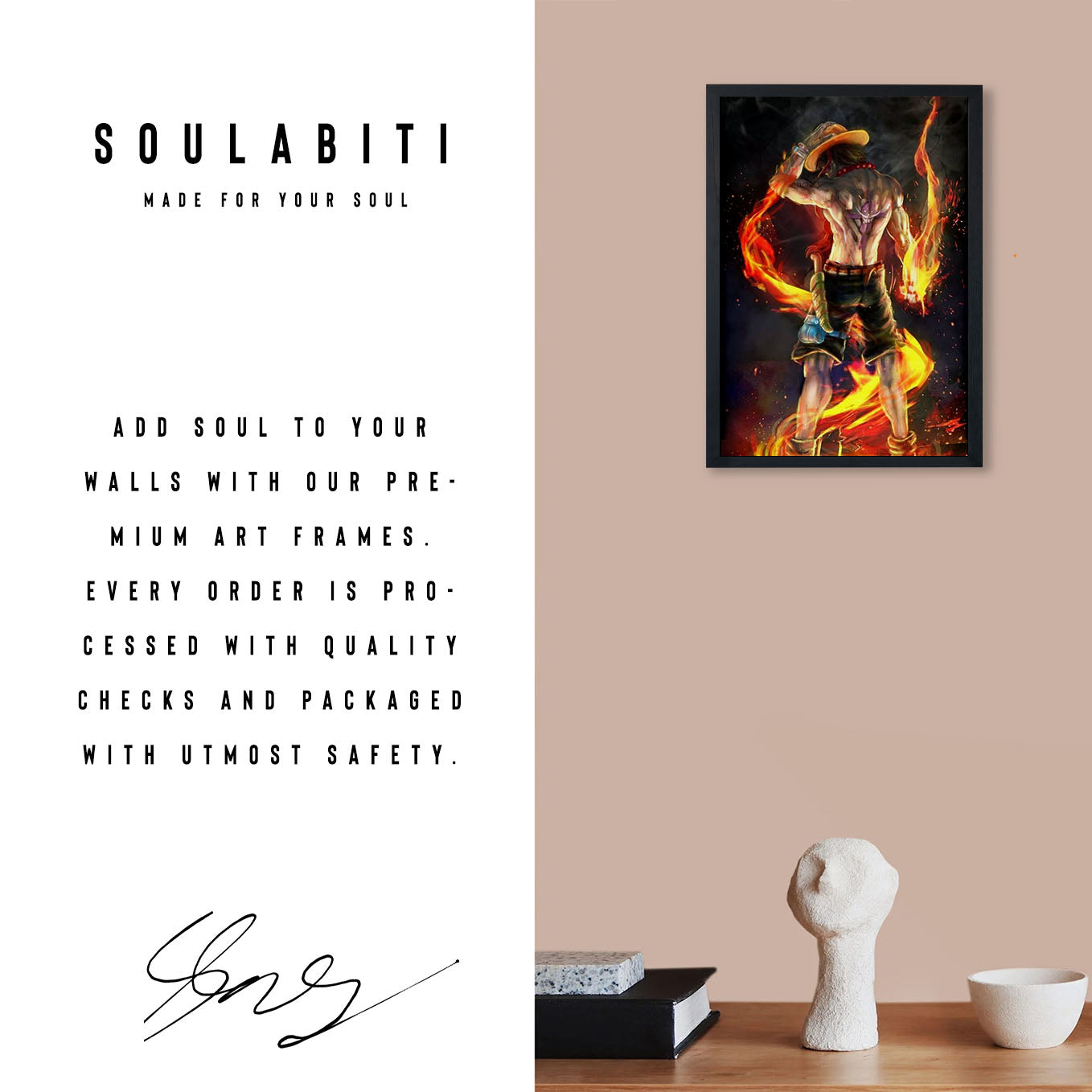 SoulAbiti One Piece Portgas D. Ace fire Poster Art Framed (12x18-Inch, Plexi-Glass, Textured Frame) Framed Wall Décor, Ideal gift for Straw hat pirate fans - SoulAbiti