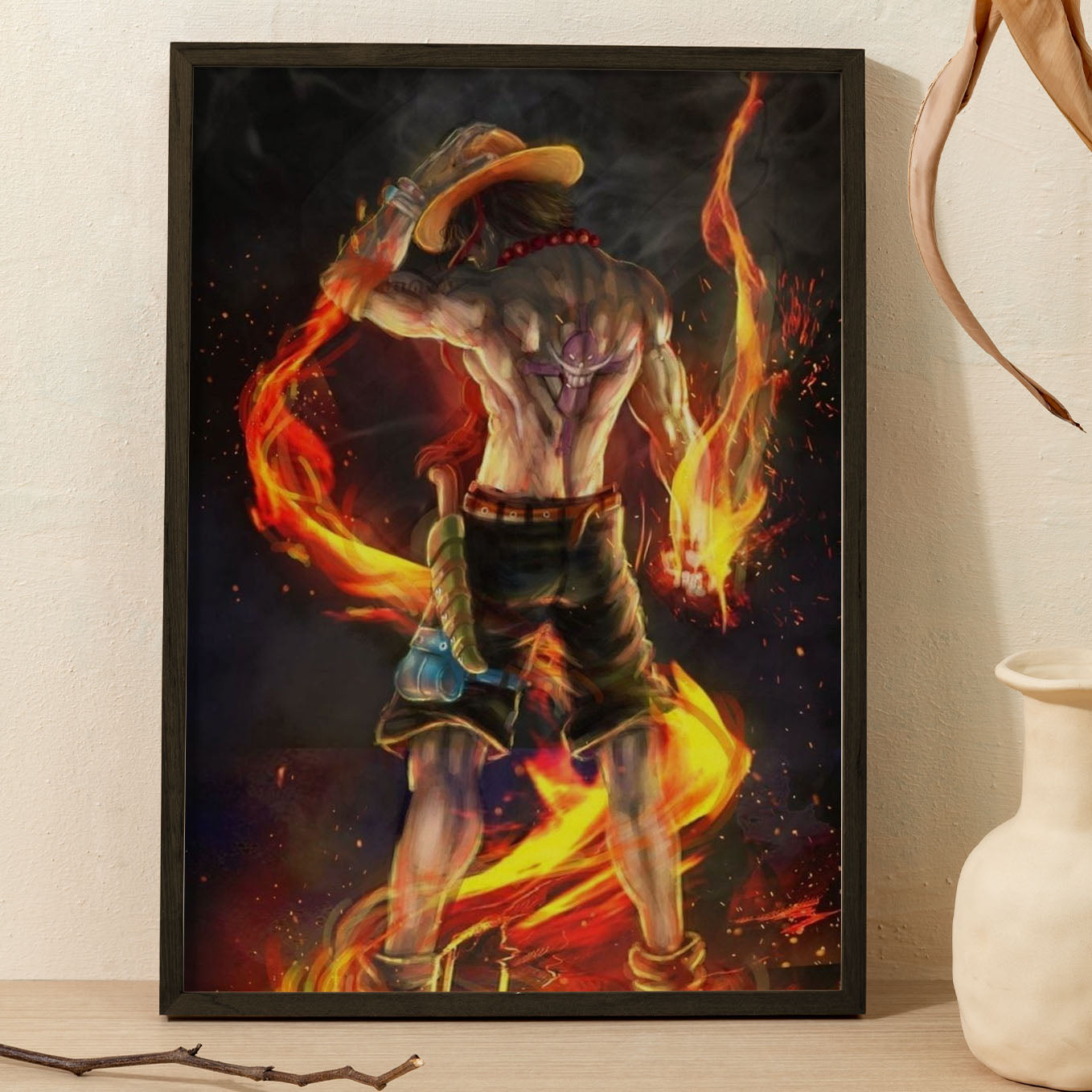 SoulAbiti One Piece Portgas D. Ace fire Poster Art Framed (12x18-Inch, Plexi-Glass, Textured Frame) Framed Wall Décor, Ideal gift for Straw hat pirate fans - SoulAbiti