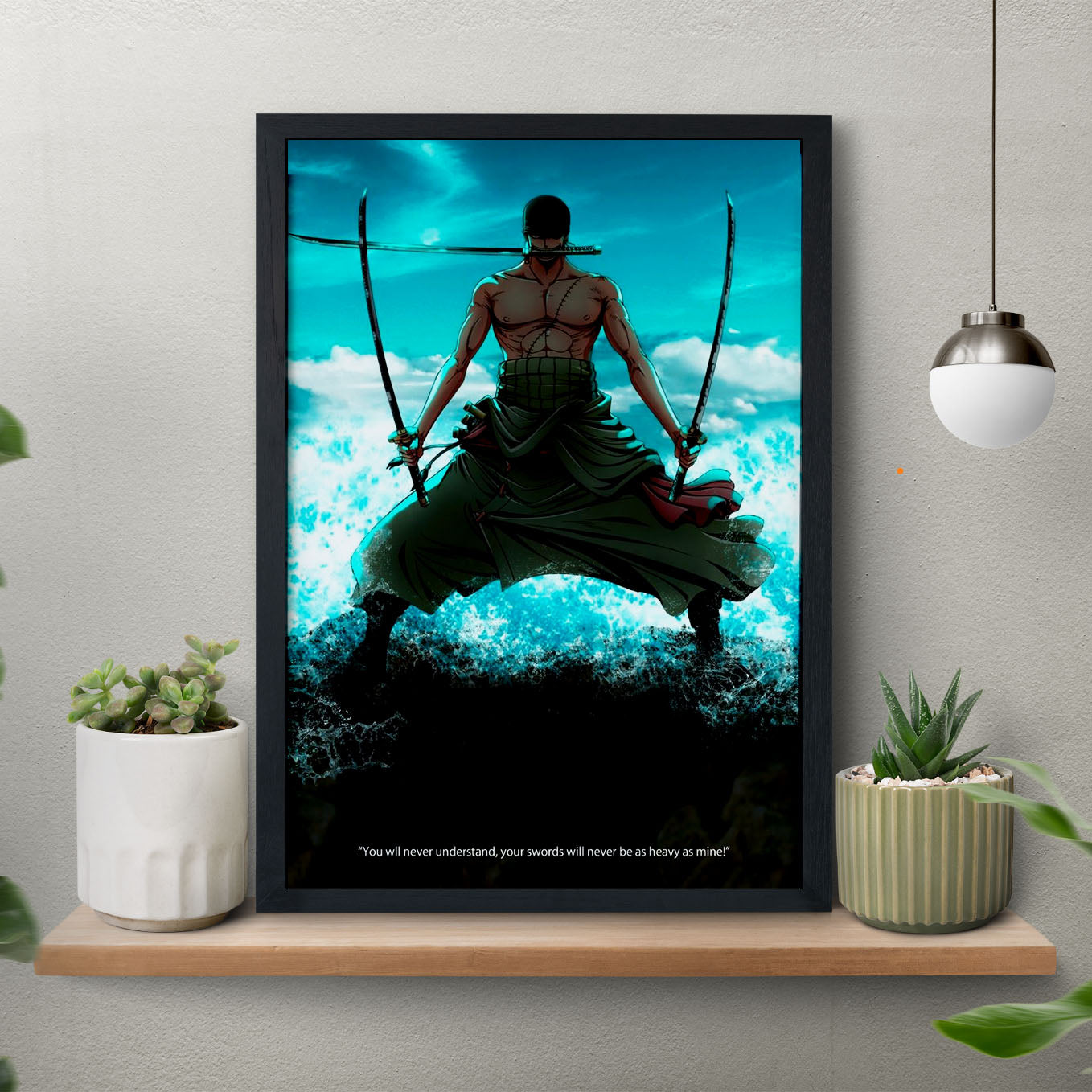SoulAbiti One Piece Roronoa zoro 3 sword style Poster Art Framed (12x18-Inch, Plexi-Glass, Textured Frame) Framed Wall Décor, Ideal gift for Straw hat pirate fans - SoulAbiti