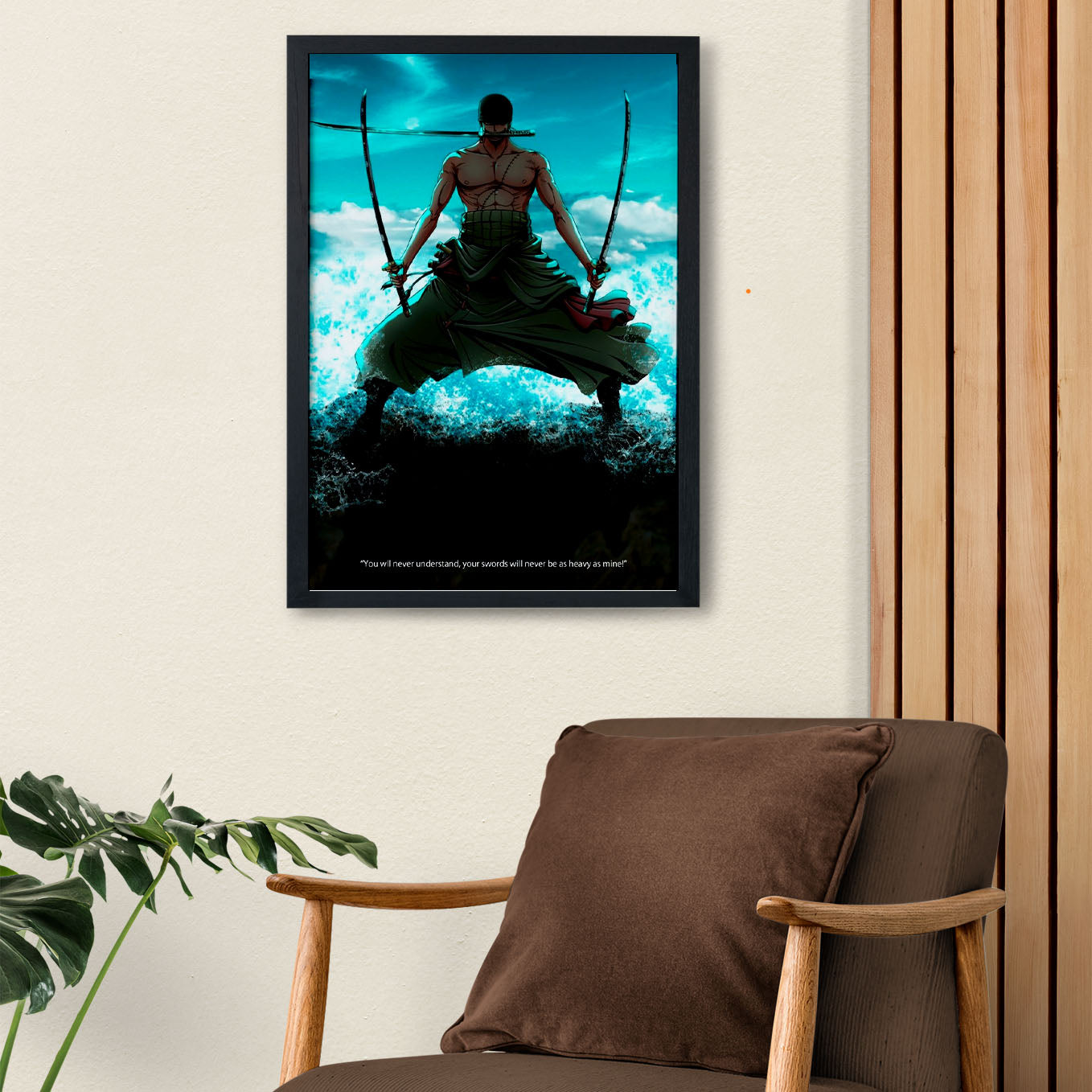 SoulAbiti One Piece Roronoa zoro 3 sword style Poster Art Framed (12x18-Inch, Plexi-Glass, Textured Frame) Framed Wall Décor, Ideal gift for Straw hat pirate fans - SoulAbiti