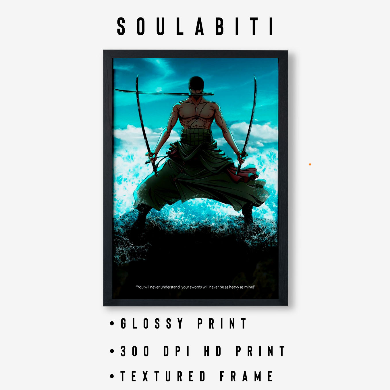SoulAbiti One Piece Roronoa zoro 3 sword style Poster Art Framed (12x18-Inch, Plexi-Glass, Textured Frame) Framed Wall Décor, Ideal gift for Straw hat pirate fans - SoulAbiti