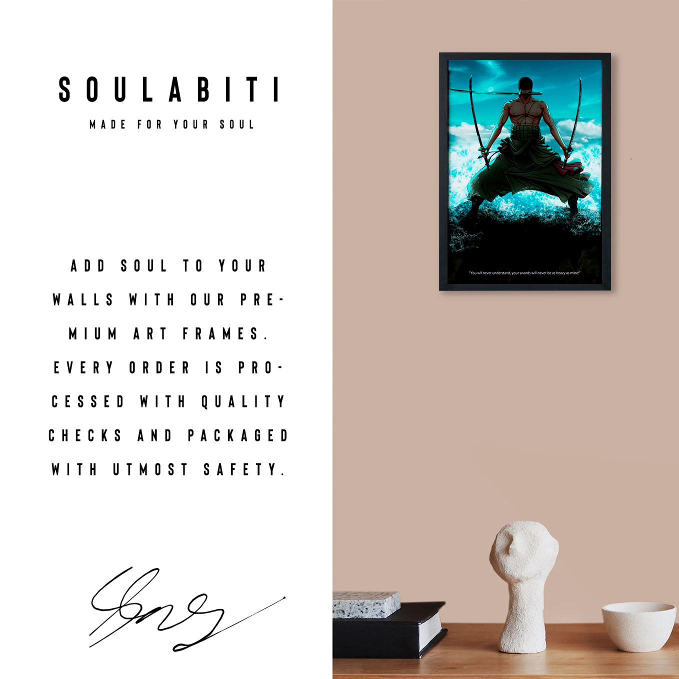 SoulAbiti One Piece Roronoa zoro 3 sword style Poster Art Framed (12x18-Inch, Plexi-Glass, Textured Frame) Framed Wall Décor, Ideal gift for Straw hat pirate fans - SoulAbiti