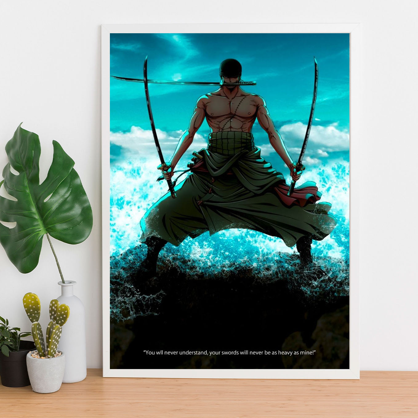 SoulAbiti One Piece Roronoa zoro 3 sword style Poster Art Framed (12x18-Inch, Plexi-Glass, Textured Frame) Framed Wall Décor, Ideal gift for Straw hat pirate fans - SoulAbiti