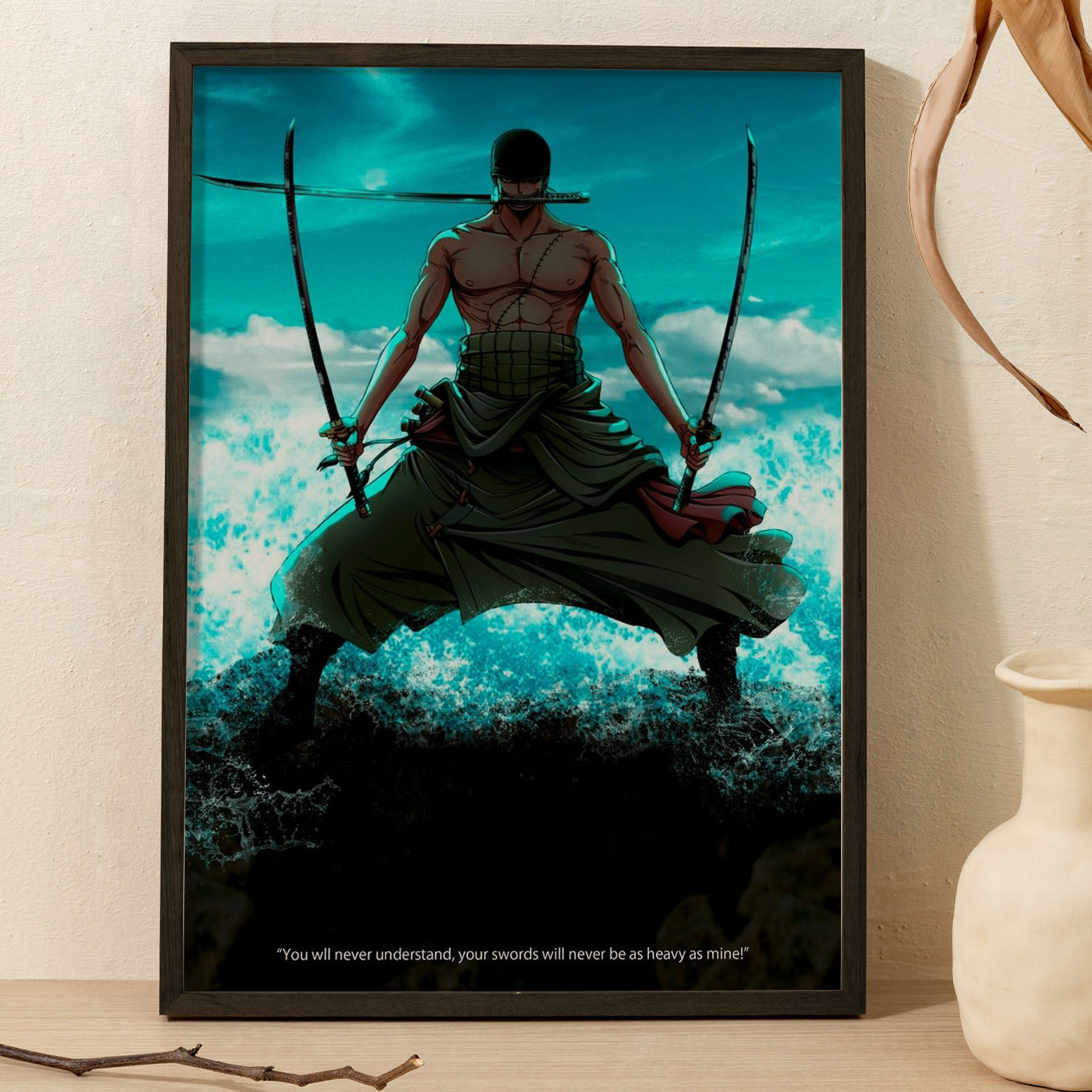 SoulAbiti One Piece Roronoa zoro 3 sword style Poster Art Framed (12x18-Inch, Plexi-Glass, Textured Frame) Framed Wall Décor, Ideal gift for Straw hat pirate fans - SoulAbiti