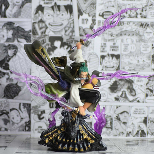 SoulAbiti One Piece Roronoa Zoro Action Figure (18cm) Zoro wano arc on The roof 3 Sword with Releasing Haki Style Figurine Ideal Gift and Collectible for Straw Hat Pirate Fans Multicolor - SoulAbiti