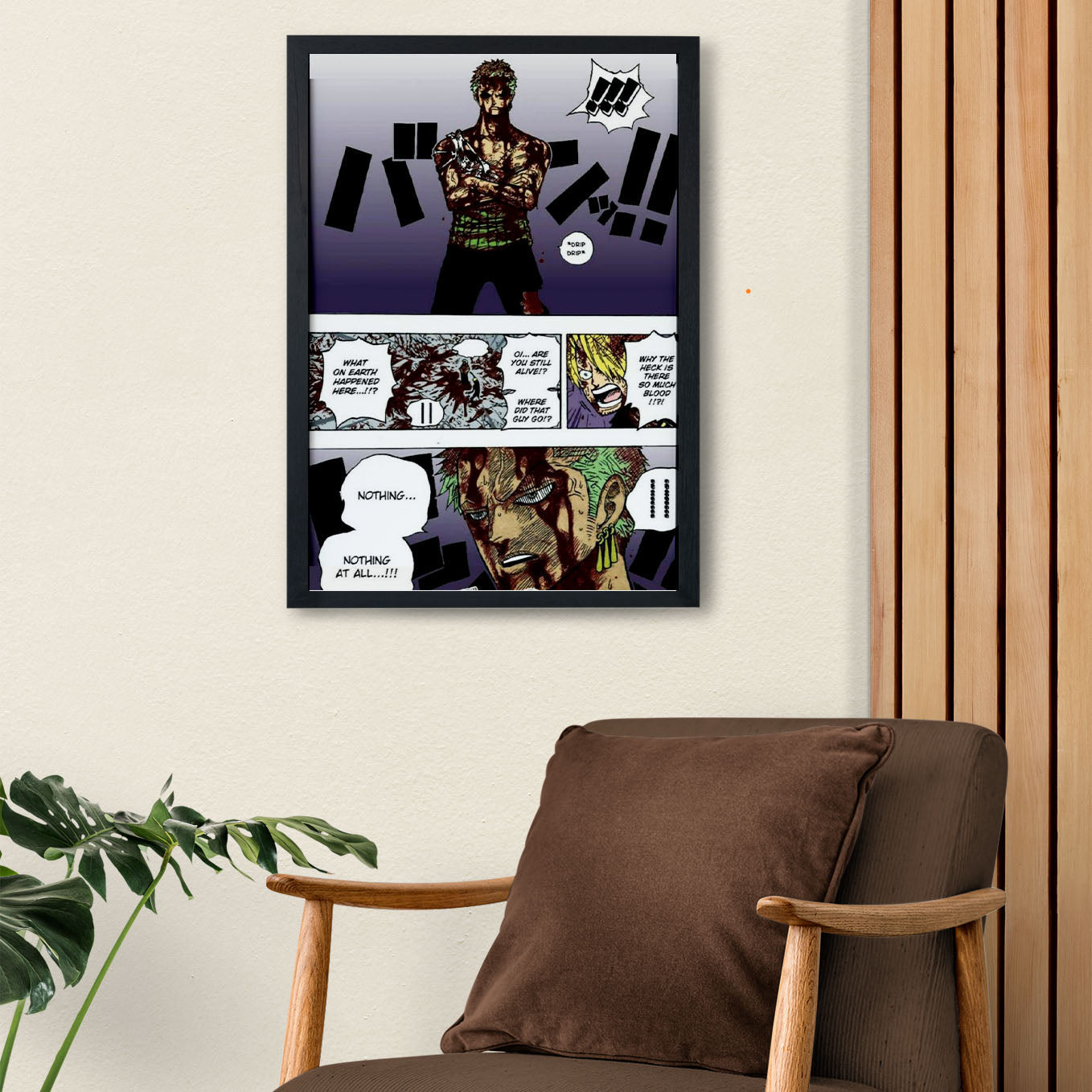 SoulAbiti One Piece Roronoa Zoro Iconic Nothing Happened moment Poster Art Framed (12x18-Inch, Plexi-Glass, Textured Frame) Framed Wall Décor, Ideal gift for Straw hat pirate fans - SoulAbiti