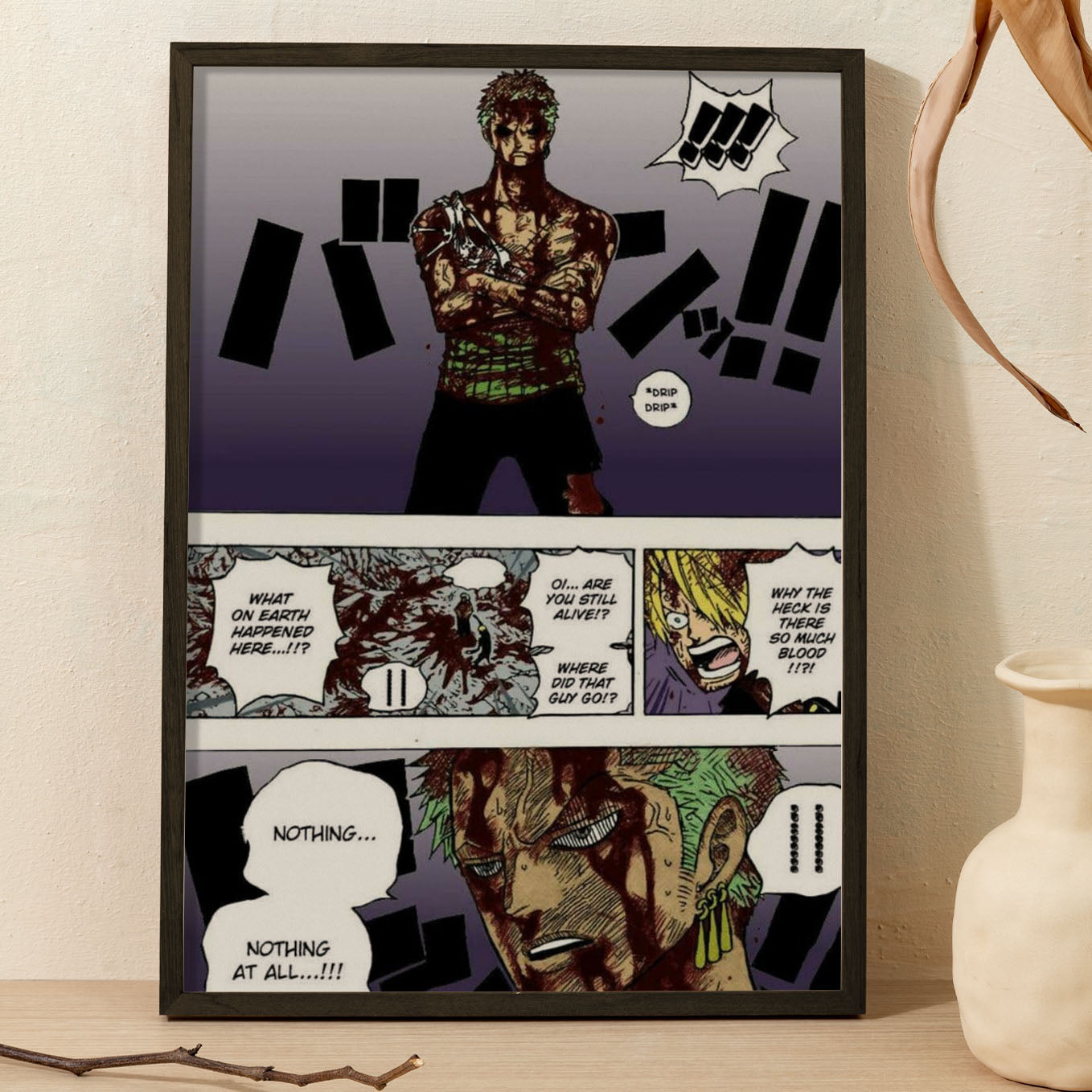 SoulAbiti One Piece Roronoa Zoro Iconic Nothing Happened moment Poster Art Framed (12x18-Inch, Plexi-Glass, Textured Frame) Framed Wall Décor, Ideal gift for Straw hat pirate fans - SoulAbiti