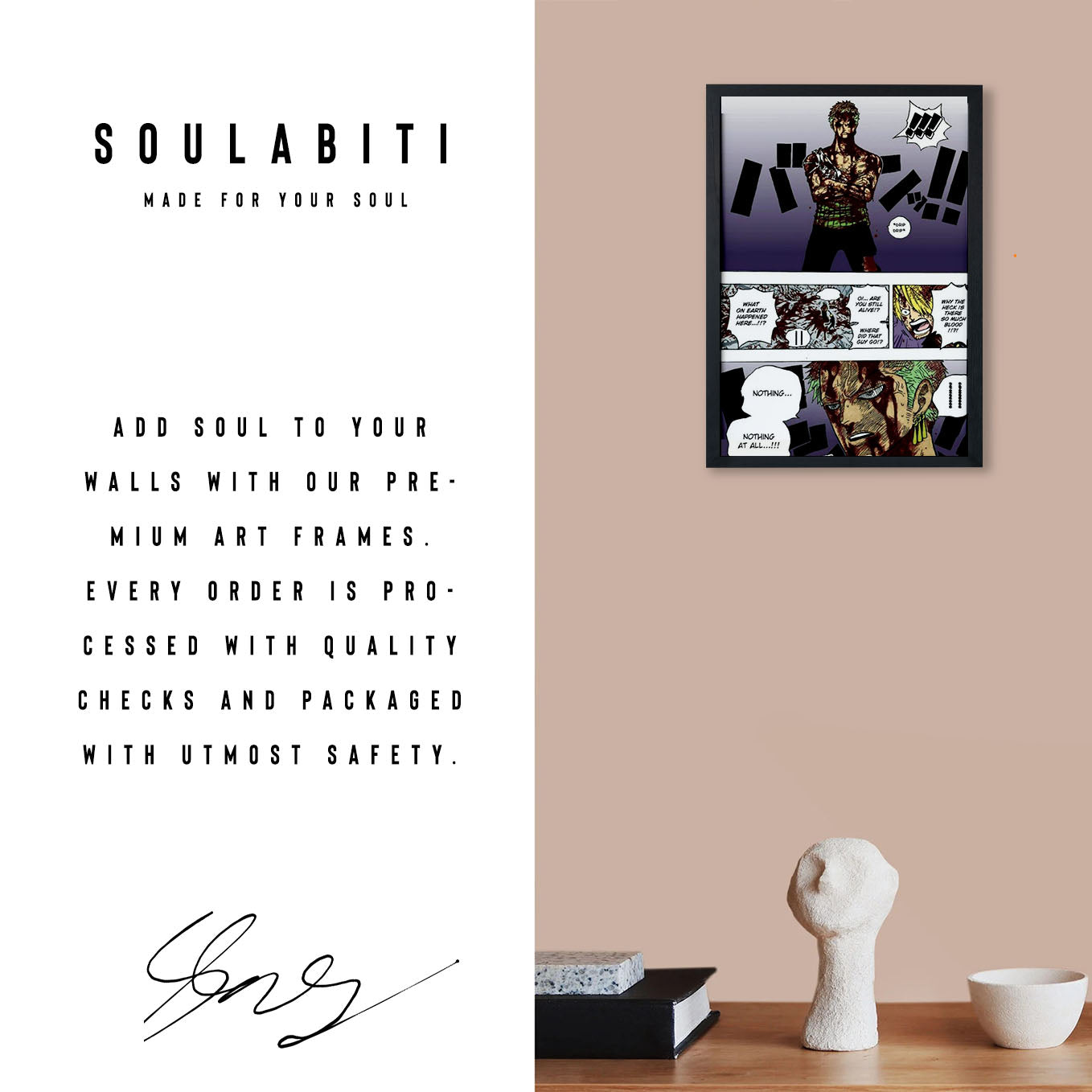 SoulAbiti One Piece Roronoa Zoro Iconic Nothing Happened moment Poster Art Framed (12x18-Inch, Plexi-Glass, Textured Frame) Framed Wall Décor, Ideal gift for Straw hat pirate fans - SoulAbiti