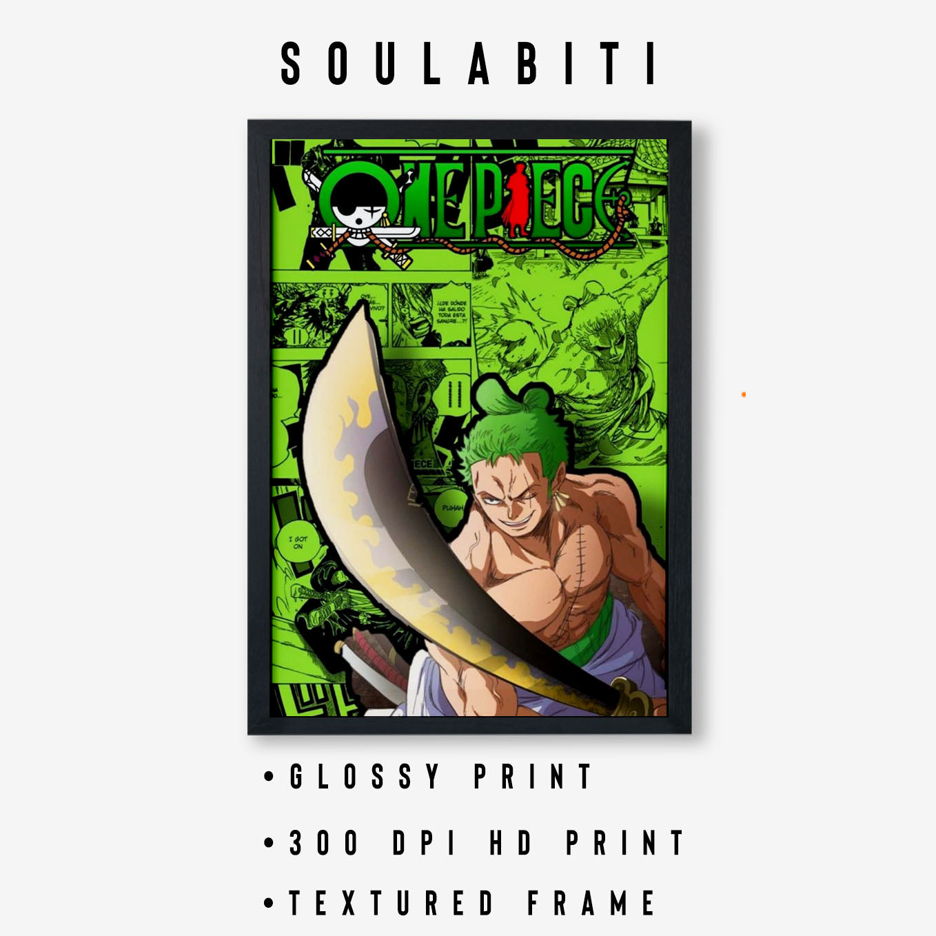 SoulAbiti One Piece Roronoa Zoro Wano arc Poster Art Framed (12x18-Inch, Plexi-Glass, Textured Frame) Framed Wall Décor, Ideal gift for Straw hat pirate fans - SoulAbiti