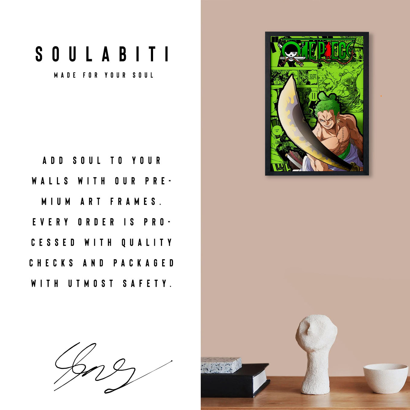 SoulAbiti One Piece Roronoa Zoro Wano arc Poster Art Framed (12x18-Inch, Plexi-Glass, Textured Frame) Framed Wall Décor, Ideal gift for Straw hat pirate fans - SoulAbiti